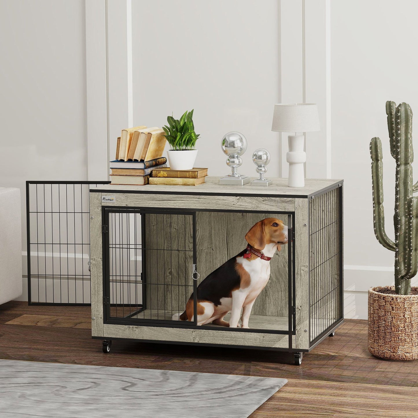 Dog Crate Furniture on Wheels, Dog Cage End Side Table with Lockable Double Doors, for Medium Breeds, 80 x 56 x 62.5cm, Grey