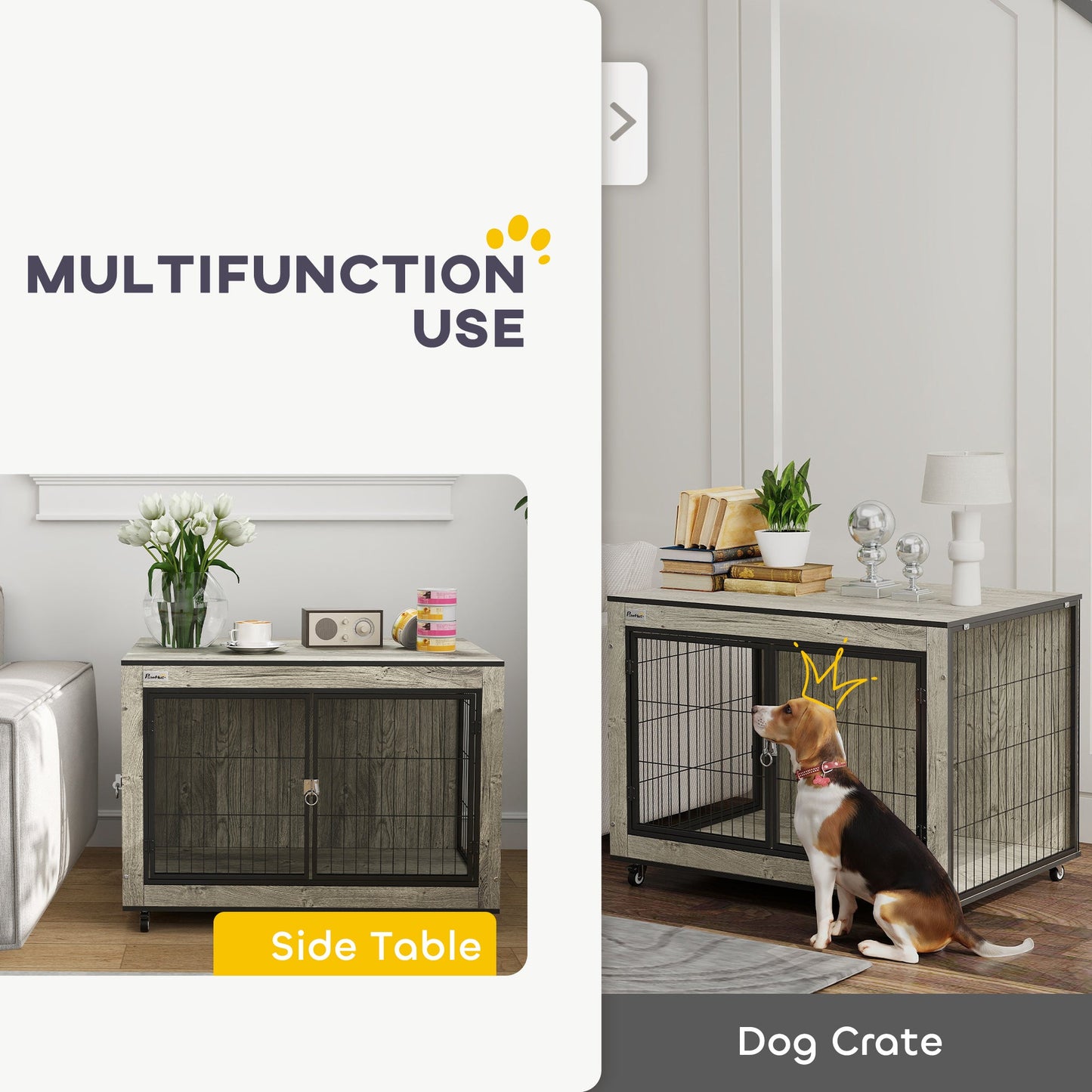 Dog Crate Furniture on Wheels, Dog Cage End Side Table with Lockable Double Doors, for Medium Breeds, 80 x 56 x 62.5cm, Grey