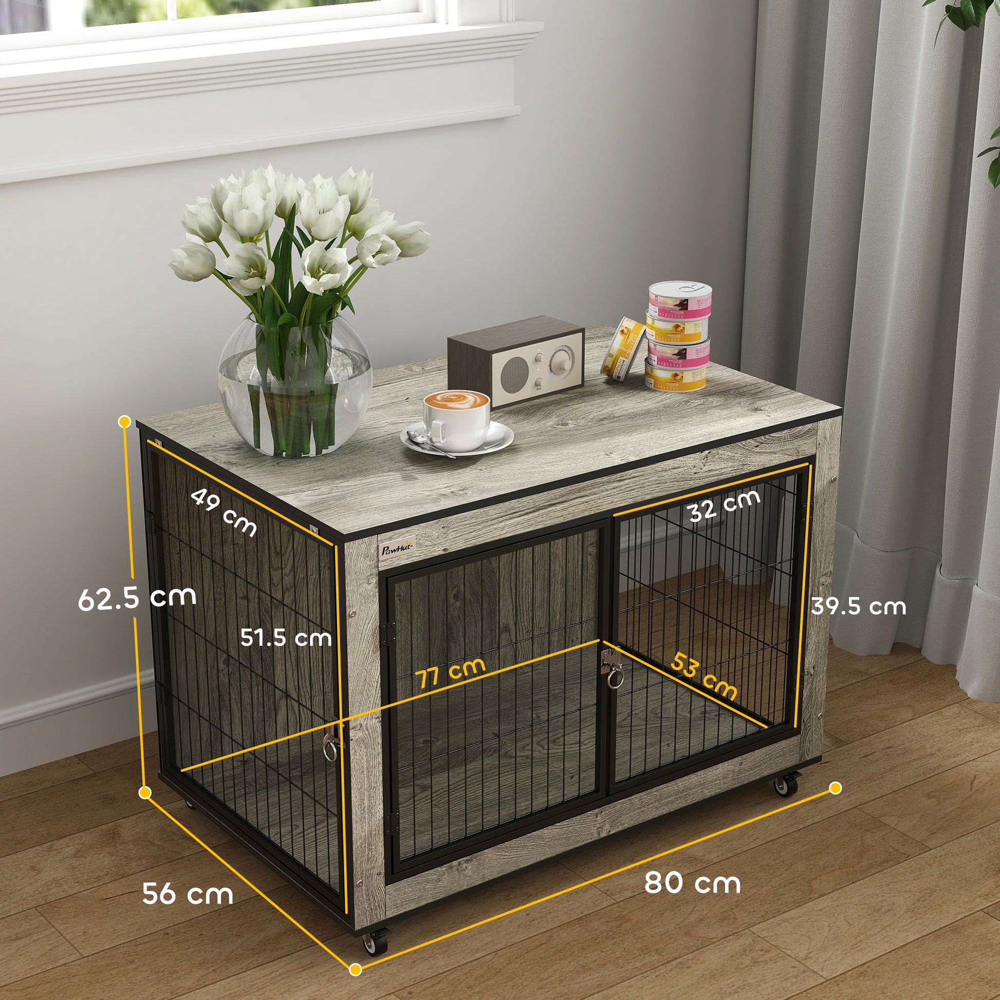 Dog Crate Furniture on Wheels, Dog Cage End Side Table with Lockable Double Doors, for Medium Breeds, 80 x 56 x 62.5cm, Grey