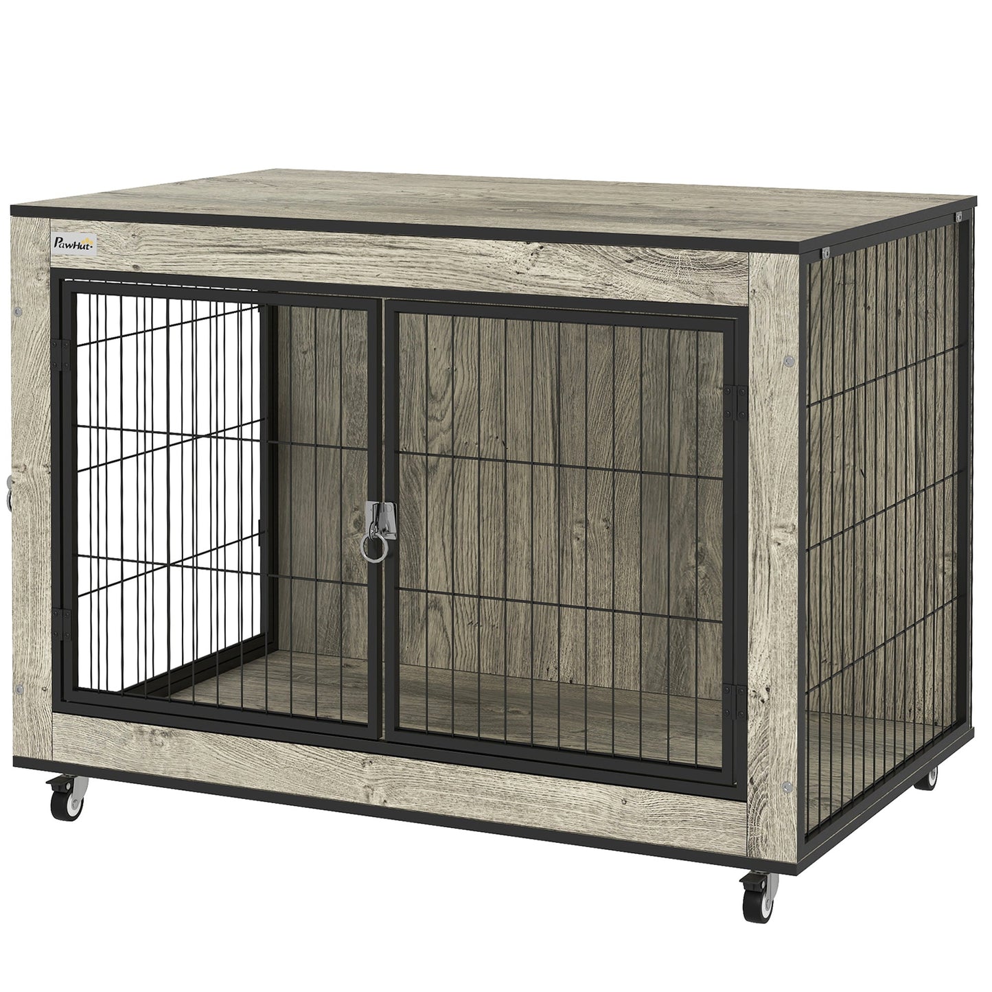Dog Crate Furniture on Wheels, Dog Cage End Side Table with Lockable Double Doors, for Medium Breeds, 80 x 56 x 62.5cm, Grey
