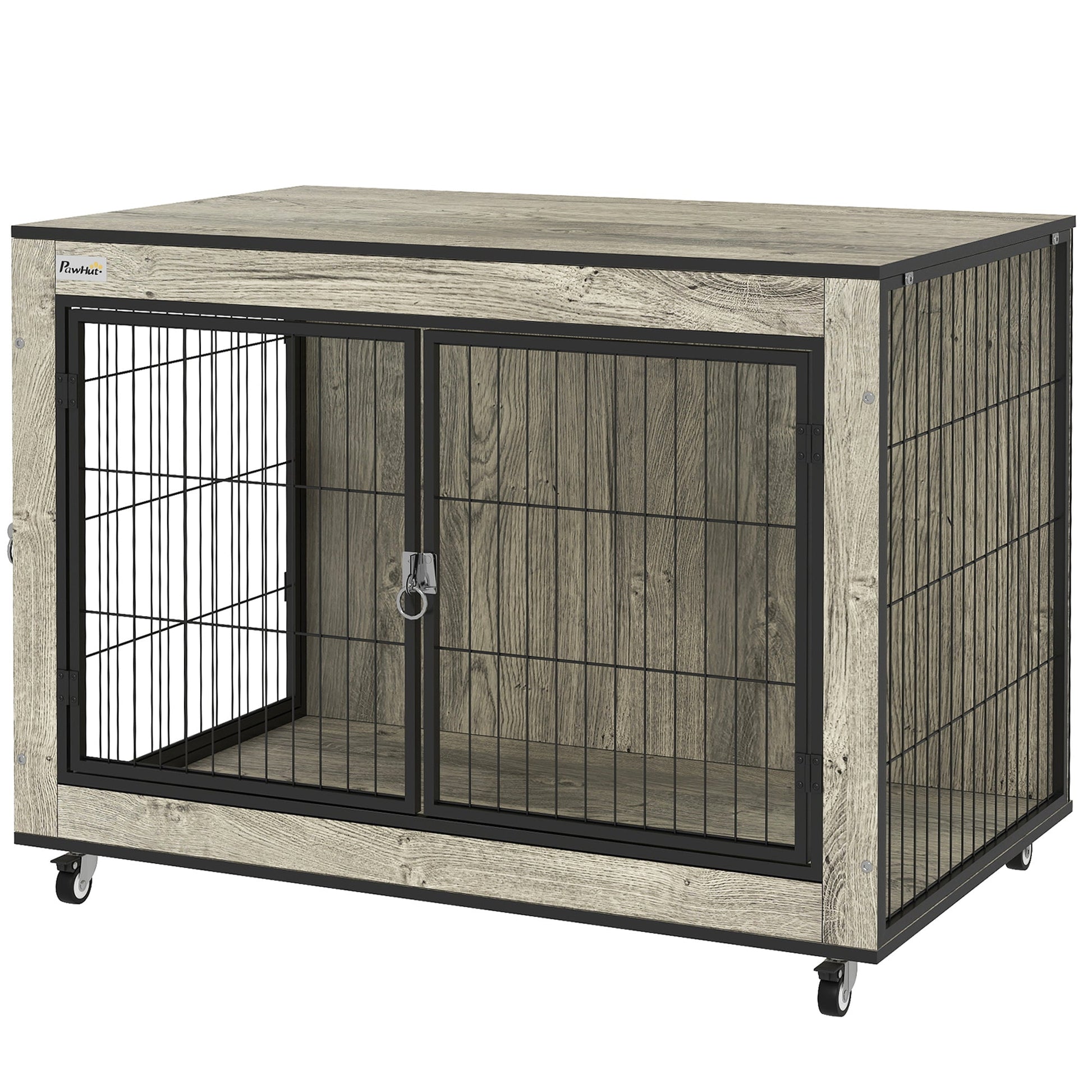 Dog Crate Furniture on Wheels, Dog Cage End Side Table with Lockable Double Doors, for Medium Breeds, 80 x 56 x 62.5cm, Grey