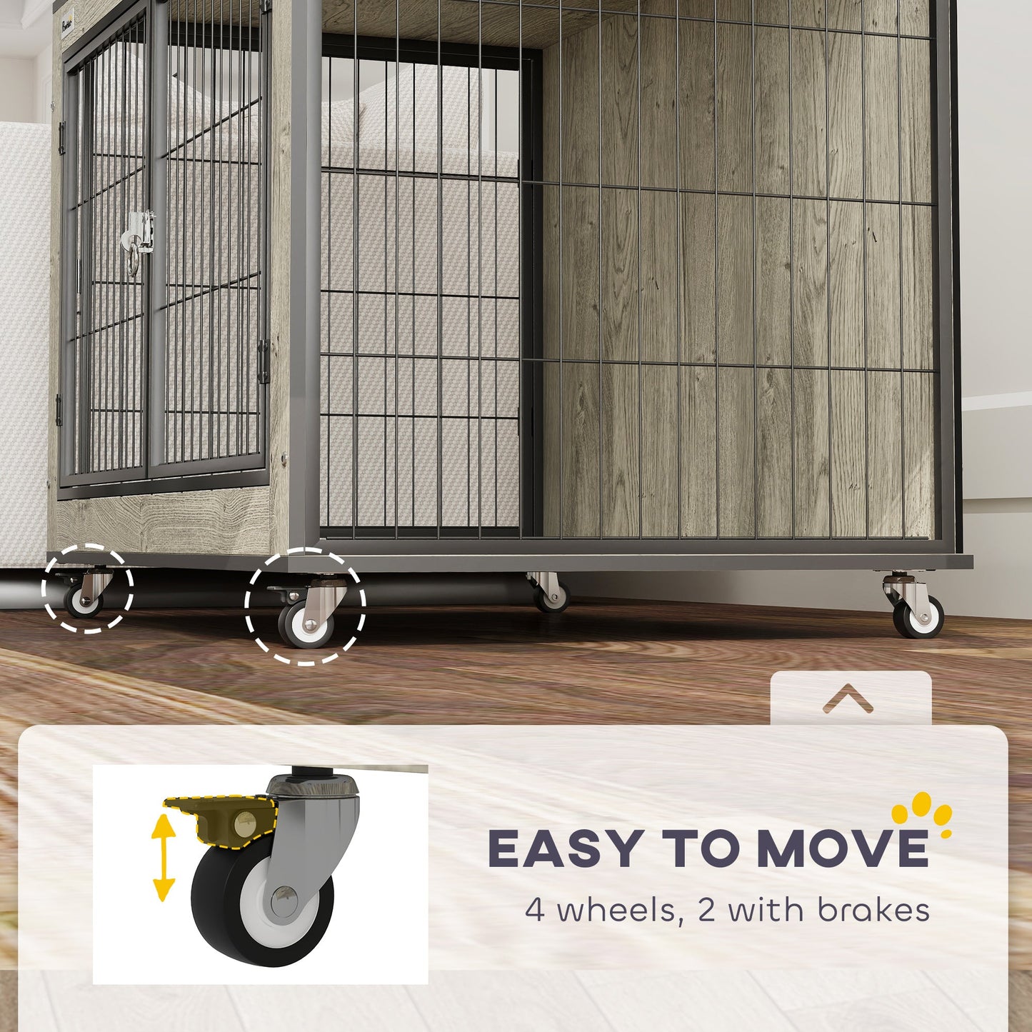 Dog Crate Furniture on Wheels, Dog Cage End Side Table with Lockable Double Doors, for Medium Breeds, 80 x 56 x 62.5cm, Grey