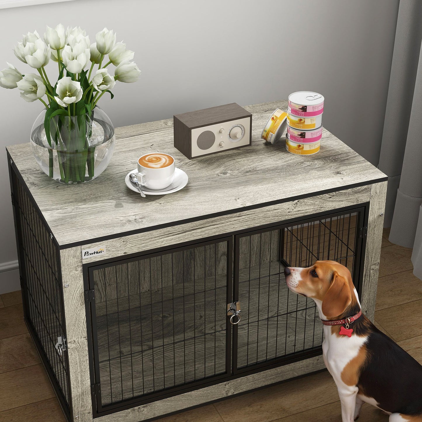 Dog Crate Furniture on Wheels, Dog Cage End Side Table with Lockable Double Doors, for Medium Breeds, 80 x 56 x 62.5cm, Grey