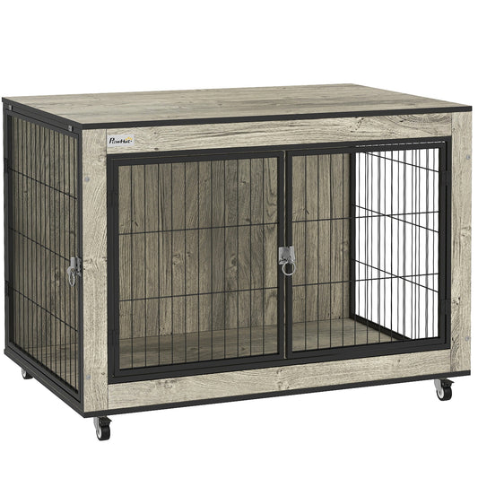 Dog Crate Furniture on Wheels, Dog Cage End Side Table with Lockable Double Doors, for Medium Breeds, 80 x 56 x 62.5cm, Grey