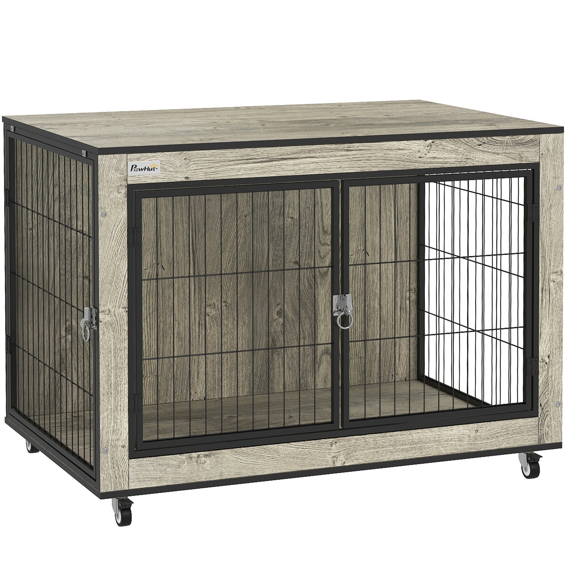 Dog Crate Furniture on Wheels, Dog Cage End Side Table with Lockable Double Doors, for Medium Breeds, 80 x 56 x 62.5cm, Grey