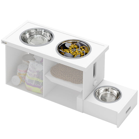 Raised Dog Bowls, Dog Feeding Station with Slow Feeder Mat, Storage Cabinet, 3 Stainless Steel Bowls, Semi-Auto Dispenser Function, for Large, Extra Large Breeds, White