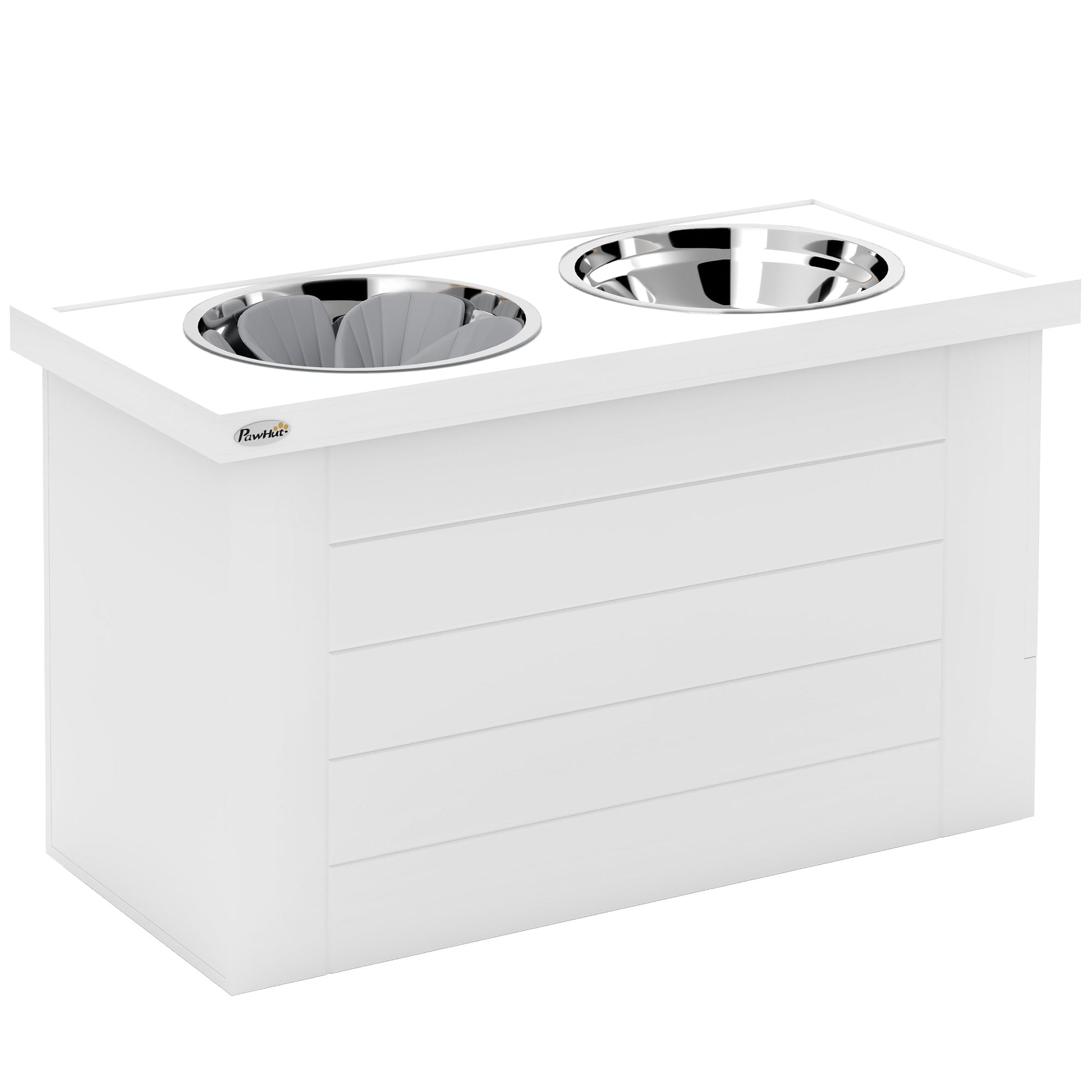 Raised Dog Bowls, Dog Feeding Station with Slow Feeder Mat, Storage Cabinet, 3 Stainless Steel Bowls, Semi-Auto Dispenser Function, for Large, Extra Large Breeds, White