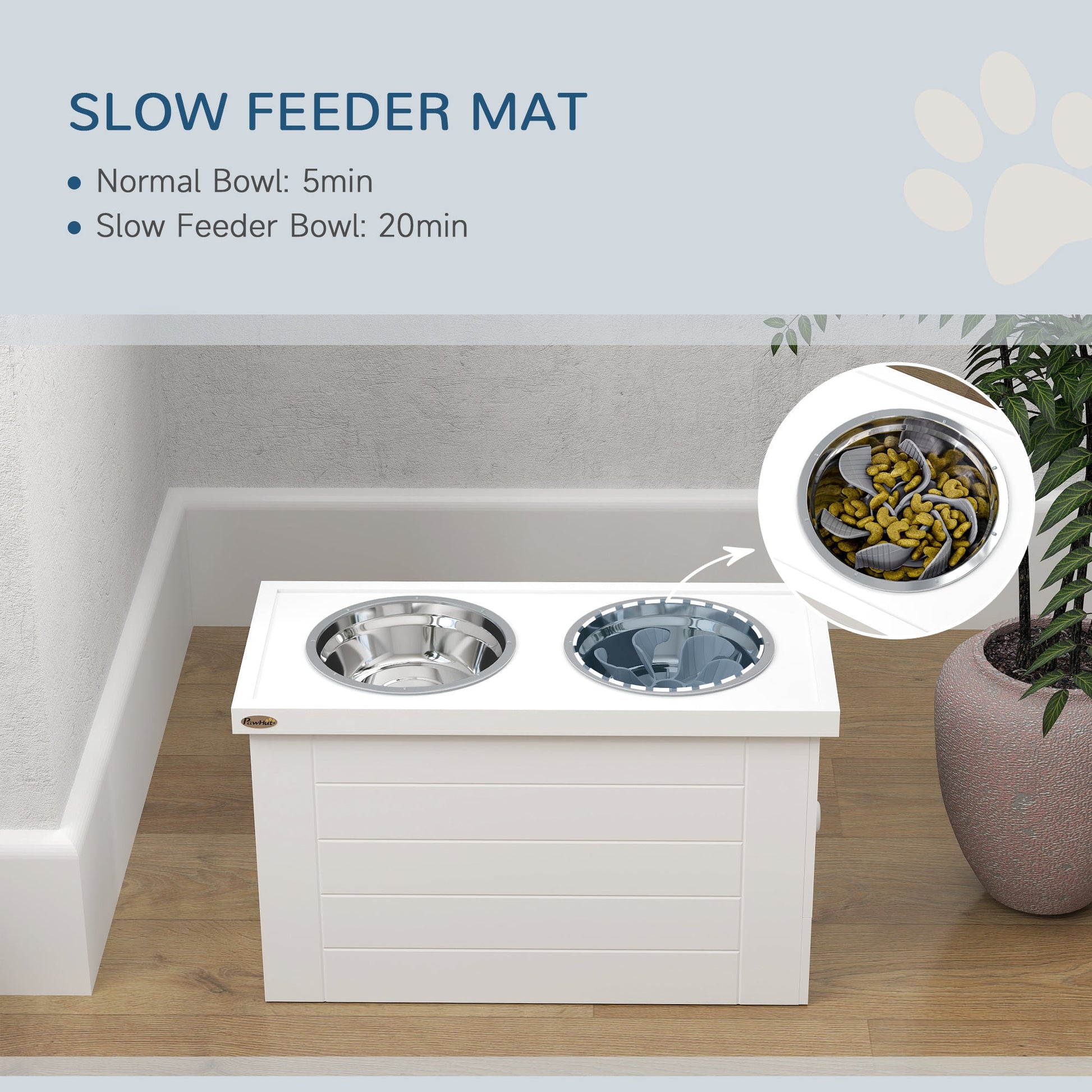 Raised Dog Bowls, Dog Feeding Station with Slow Feeder Mat, Storage Cabinet, 3 Stainless Steel Bowls, Semi-Auto Dispenser Function, for Large, Extra Large Breeds, White