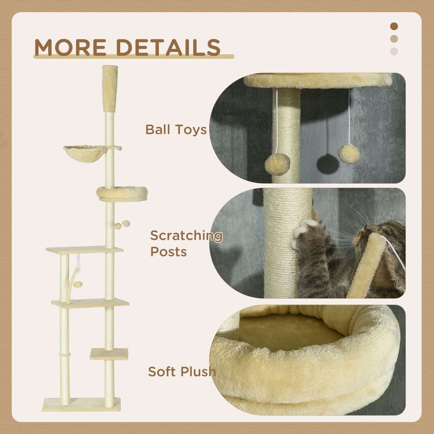 Floor to Ceiling Cat Tree for Indoor Cats, 6-Tier Play Tower Climbing Activity Center with Scratching Post, Platforms, Bed, Hammock, Adjustable Height 230-250cm, Beige