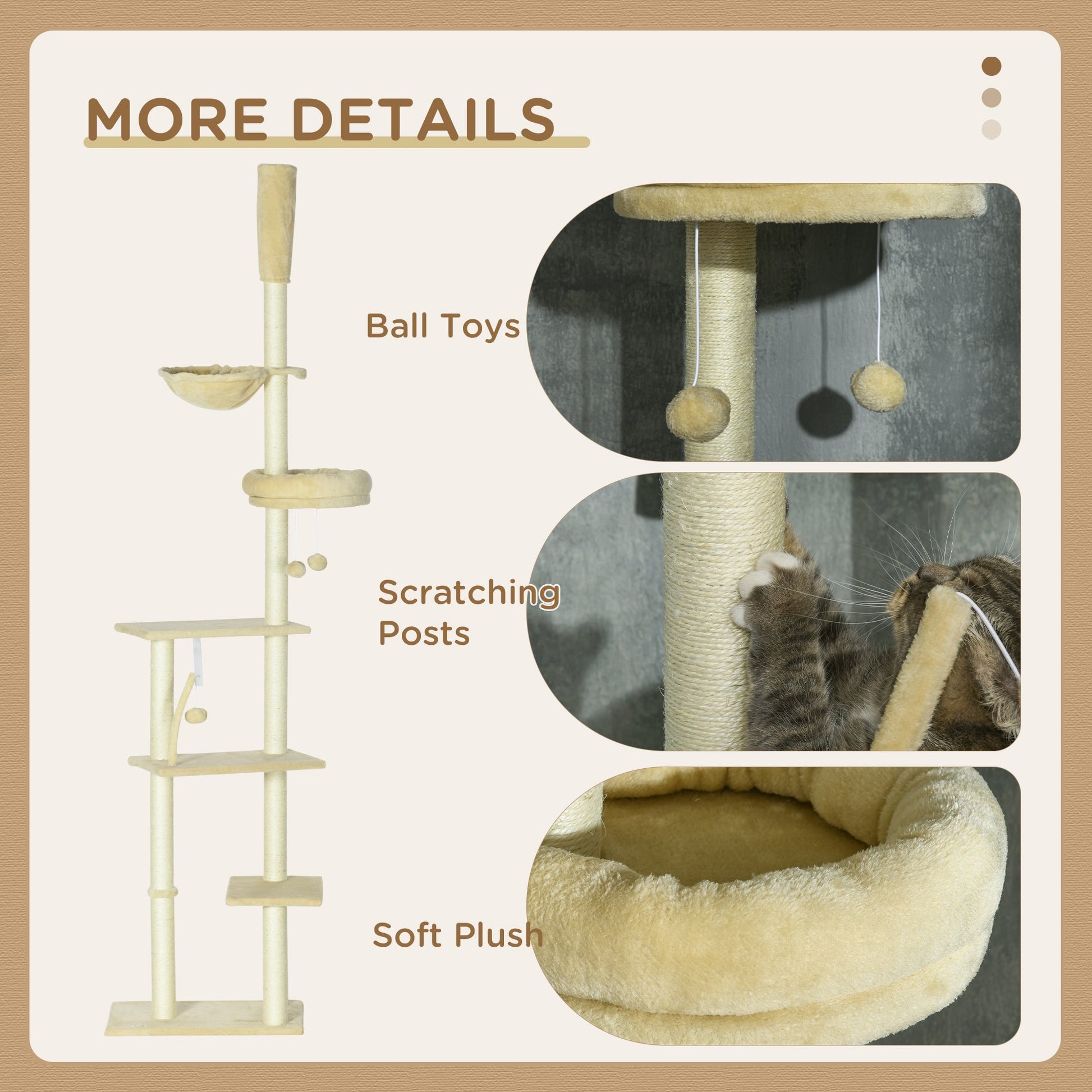 Floor to Ceiling Cat Tree for Indoor Cats, 6-Tier Play Tower Climbing Activity Center with Scratching Post, Platforms, Bed, Hammock, Adjustable Height 230-250cm, Beige