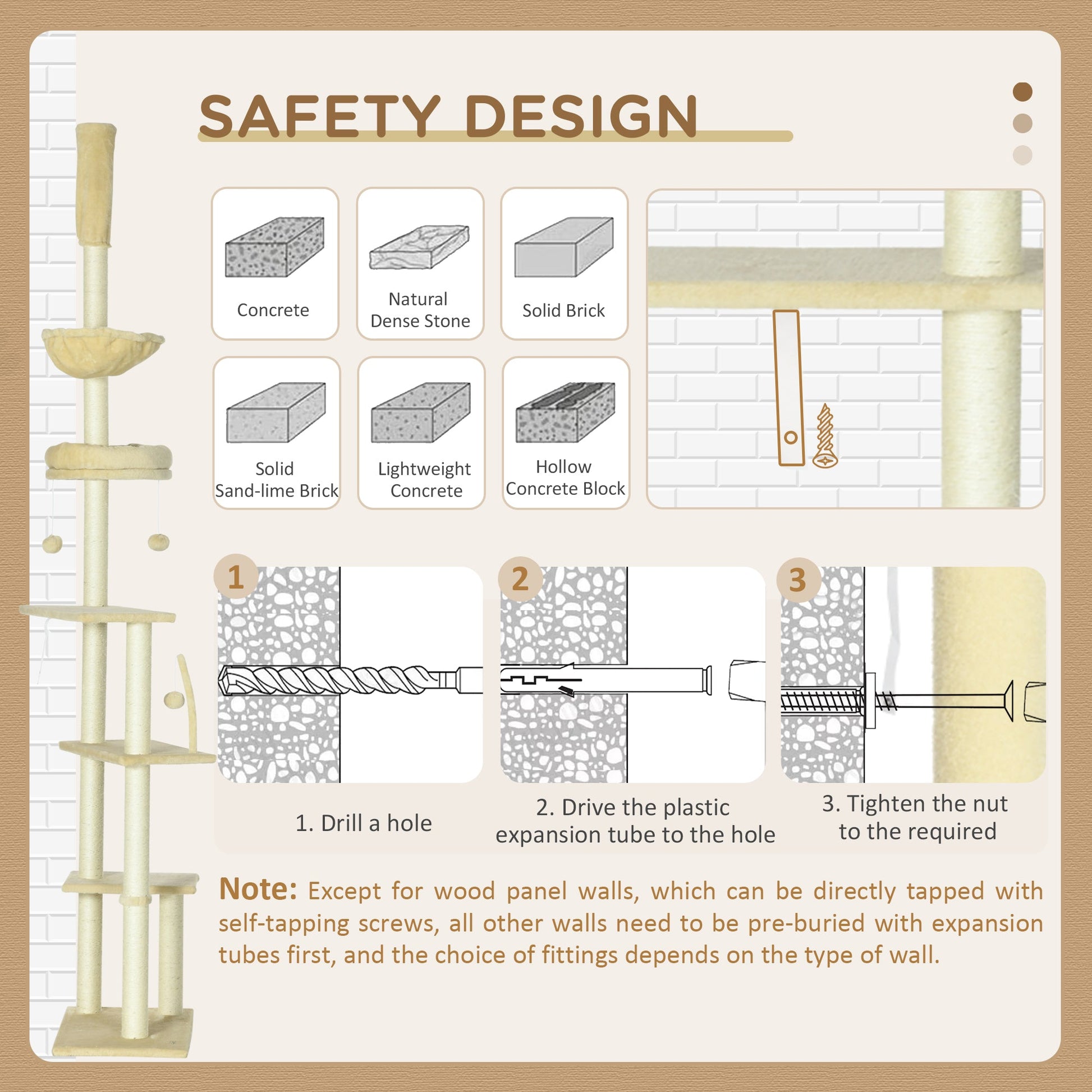 Floor to Ceiling Cat Tree for Indoor Cats, 6-Tier Play Tower Climbing Activity Center with Scratching Post, Platforms, Bed, Hammock, Adjustable Height 230-250cm, Beige