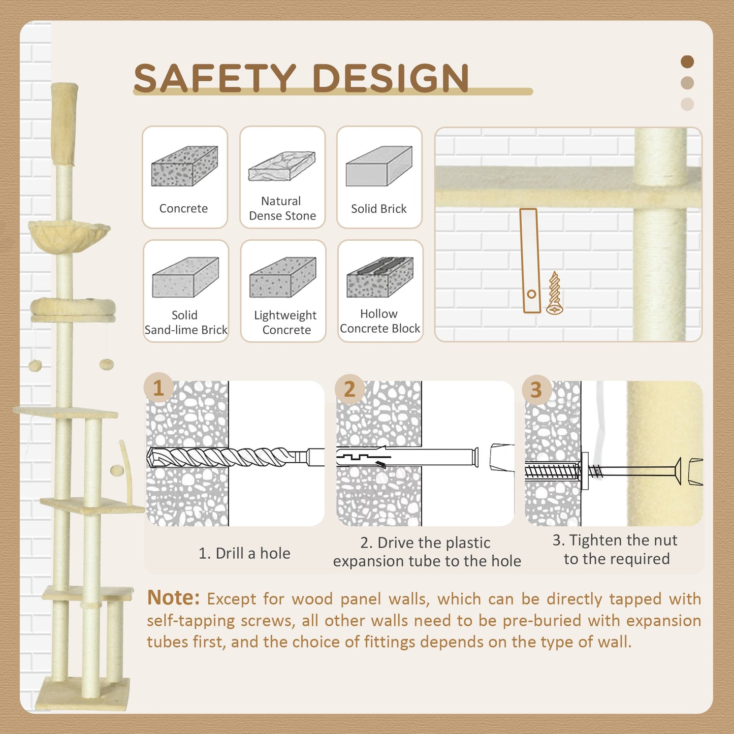 Floor to Ceiling Cat Tree for Indoor Cats, 6-Tier Play Tower Climbing Activity Center with Scratching Post, Platforms, Bed, Hammock, Adjustable Height 230-250cm, Beige
