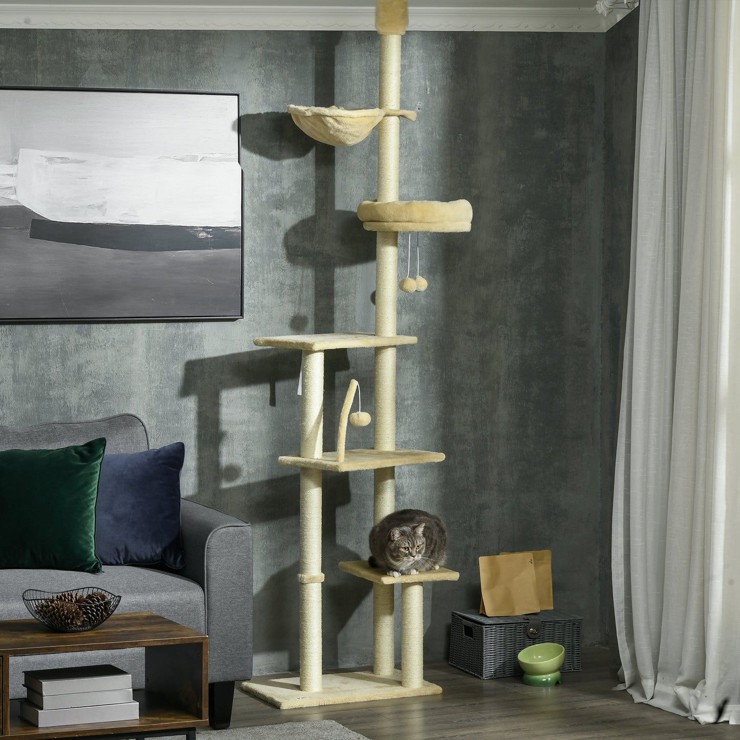 Floor to Ceiling Cat Tree for Indoor Cats, 6-Tier Play Tower Climbing Activity Center with Scratching Post, Platforms, Bed, Hammock, Adjustable Height 230-250cm, Beige