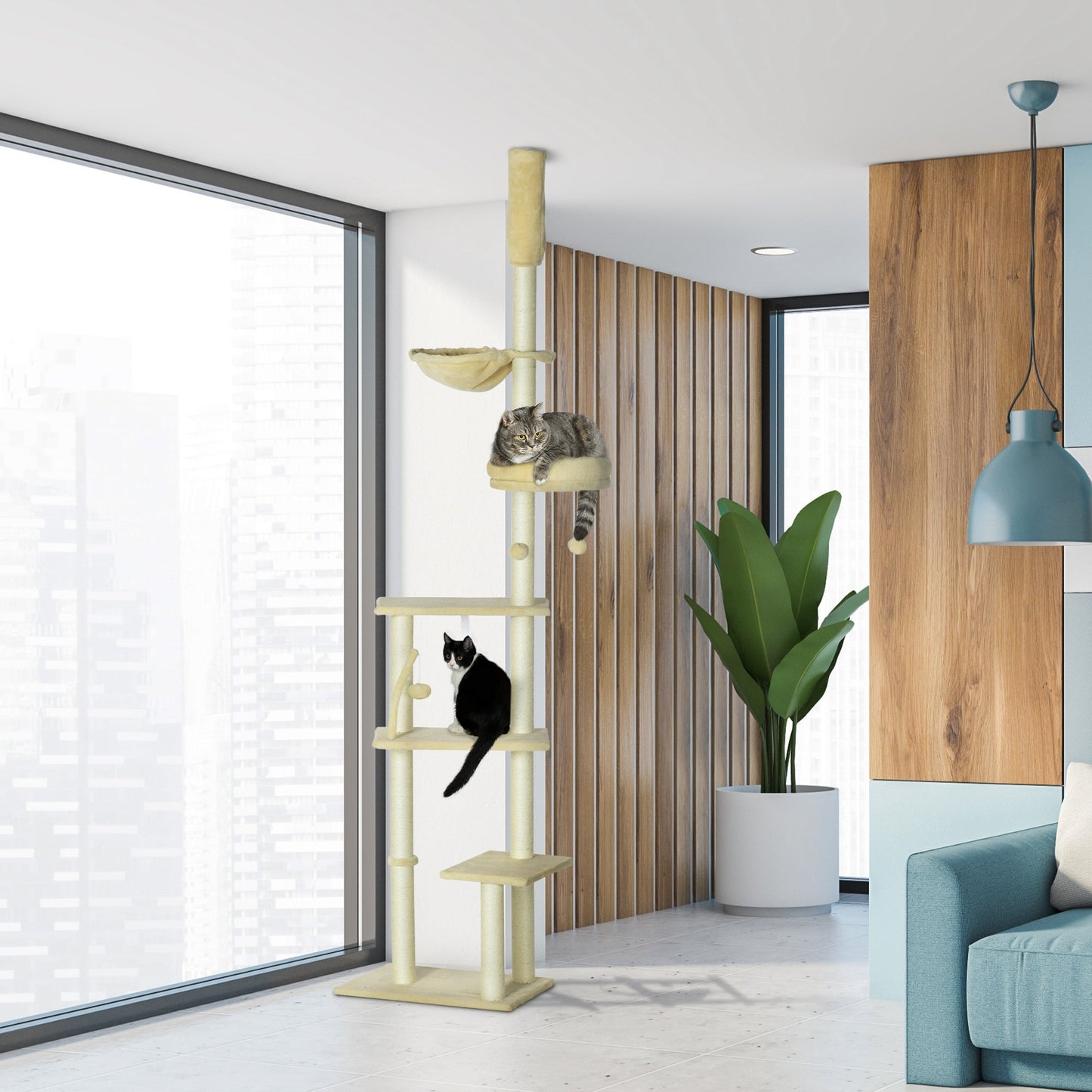 Floor to Ceiling Cat Tree for Indoor Cats, 6-Tier Play Tower Climbing Activity Center with Scratching Post, Platforms, Bed, Hammock, Adjustable Height 230-250cm, Beige