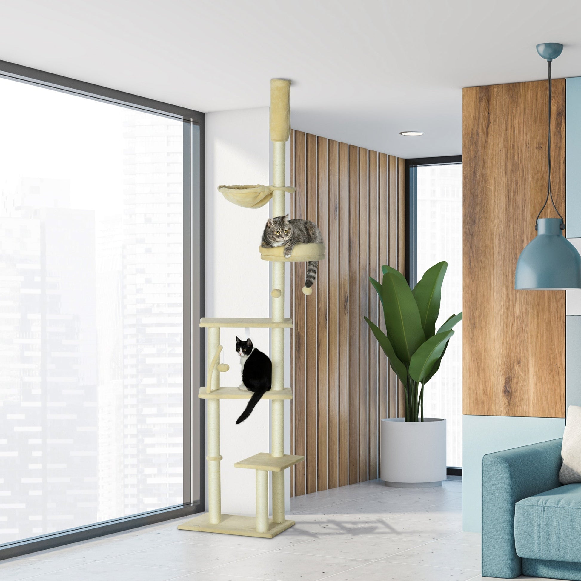 Floor to Ceiling Cat Tree for Indoor Cats, 6-Tier Play Tower Climbing Activity Center with Scratching Post, Platforms, Bed, Hammock, Adjustable Height 230-250cm, Beige