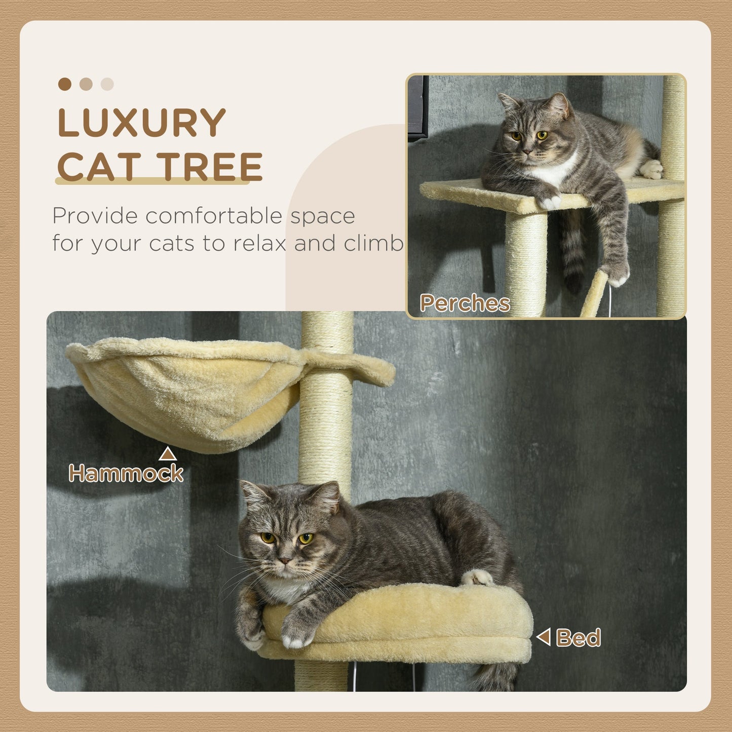 Floor to Ceiling Cat Tree for Indoor Cats, 6-Tier Play Tower Climbing Activity Center with Scratching Post, Platforms, Bed, Hammock, Adjustable Height 230-250cm, Beige