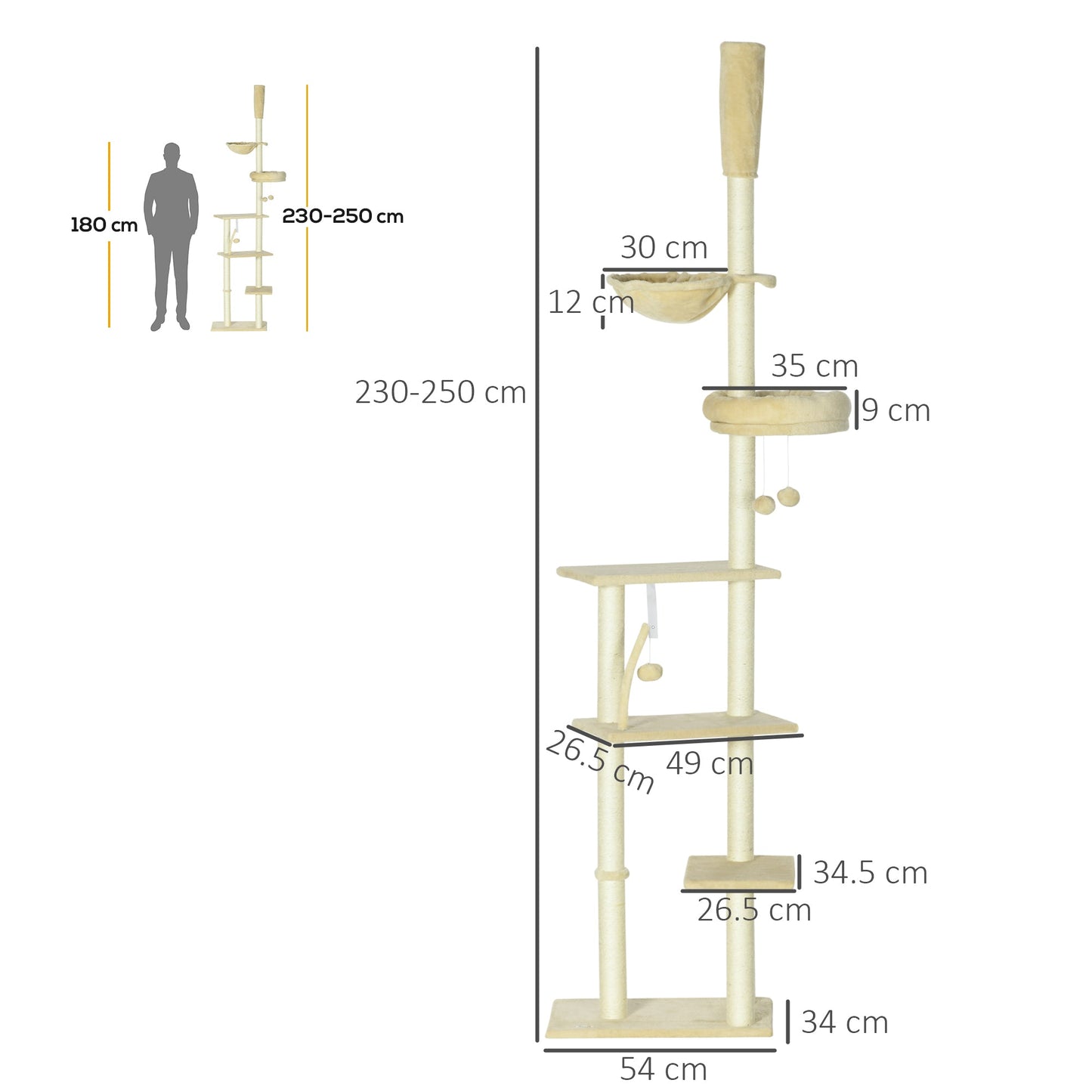 Floor to Ceiling Cat Tree for Indoor Cats, 6-Tier Play Tower Climbing Activity Center with Scratching Post, Platforms, Bed, Hammock, Adjustable Height 230-250cm, Beige