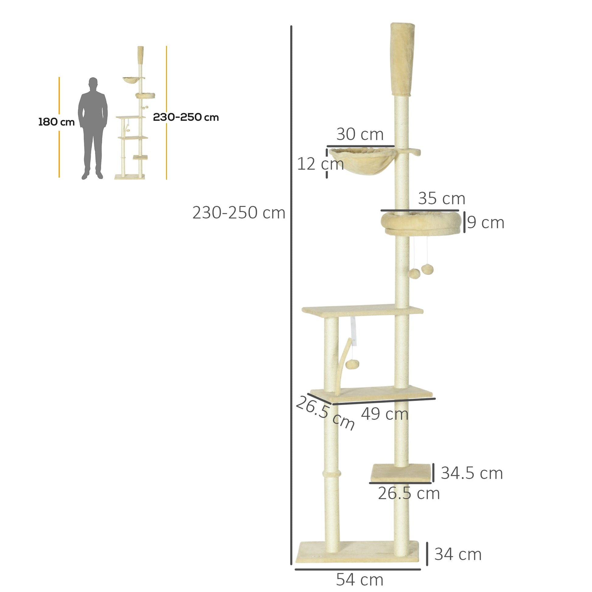 Floor to Ceiling Cat Tree for Indoor Cats, 6-Tier Play Tower Climbing Activity Center with Scratching Post, Platforms, Bed, Hammock, Adjustable Height 230-250cm, Beige