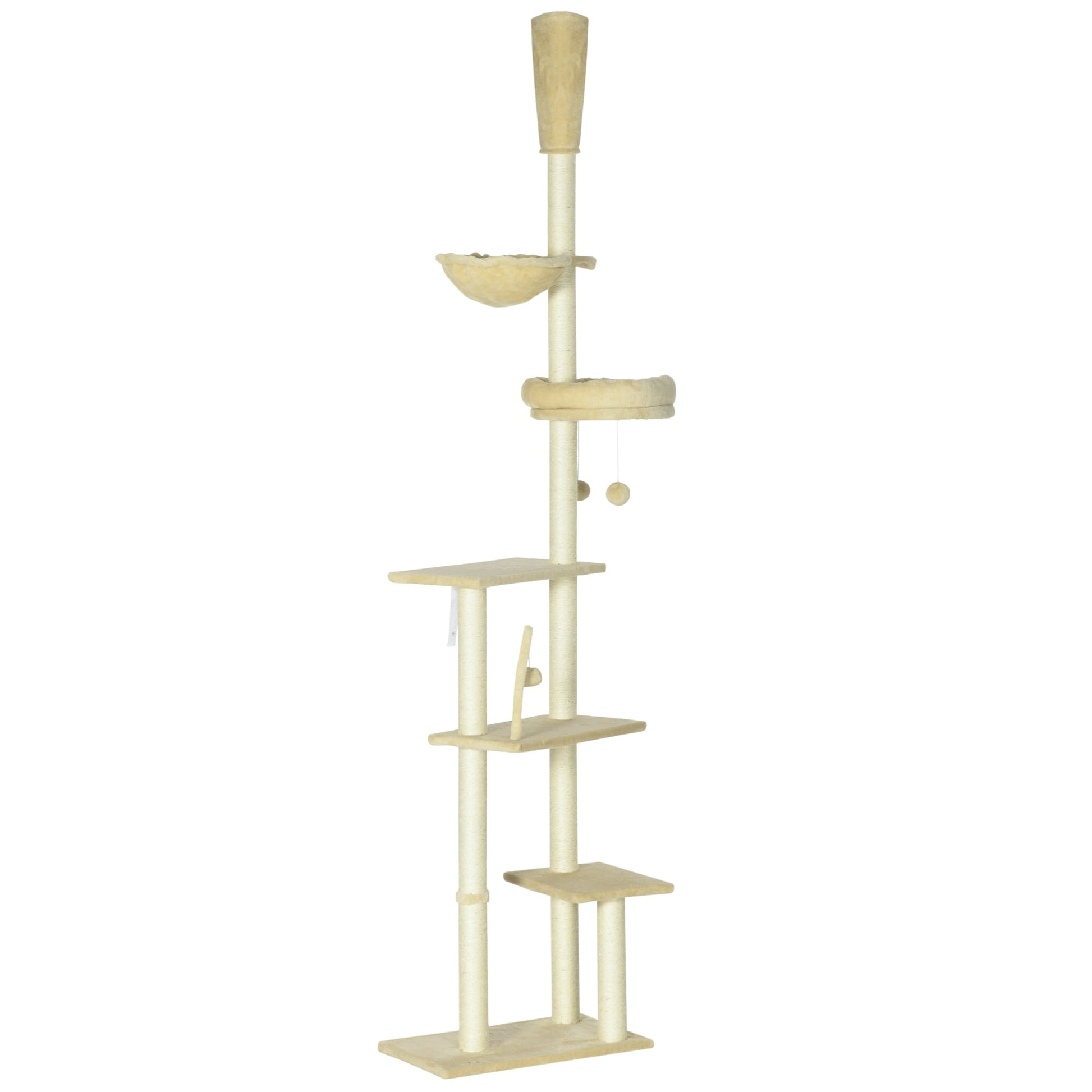 Floor to Ceiling Cat Tree for Indoor Cats, 6-Tier Play Tower Climbing Activity Center with Scratching Post, Platforms, Bed, Hammock, Adjustable Height 230-250cm, Beige