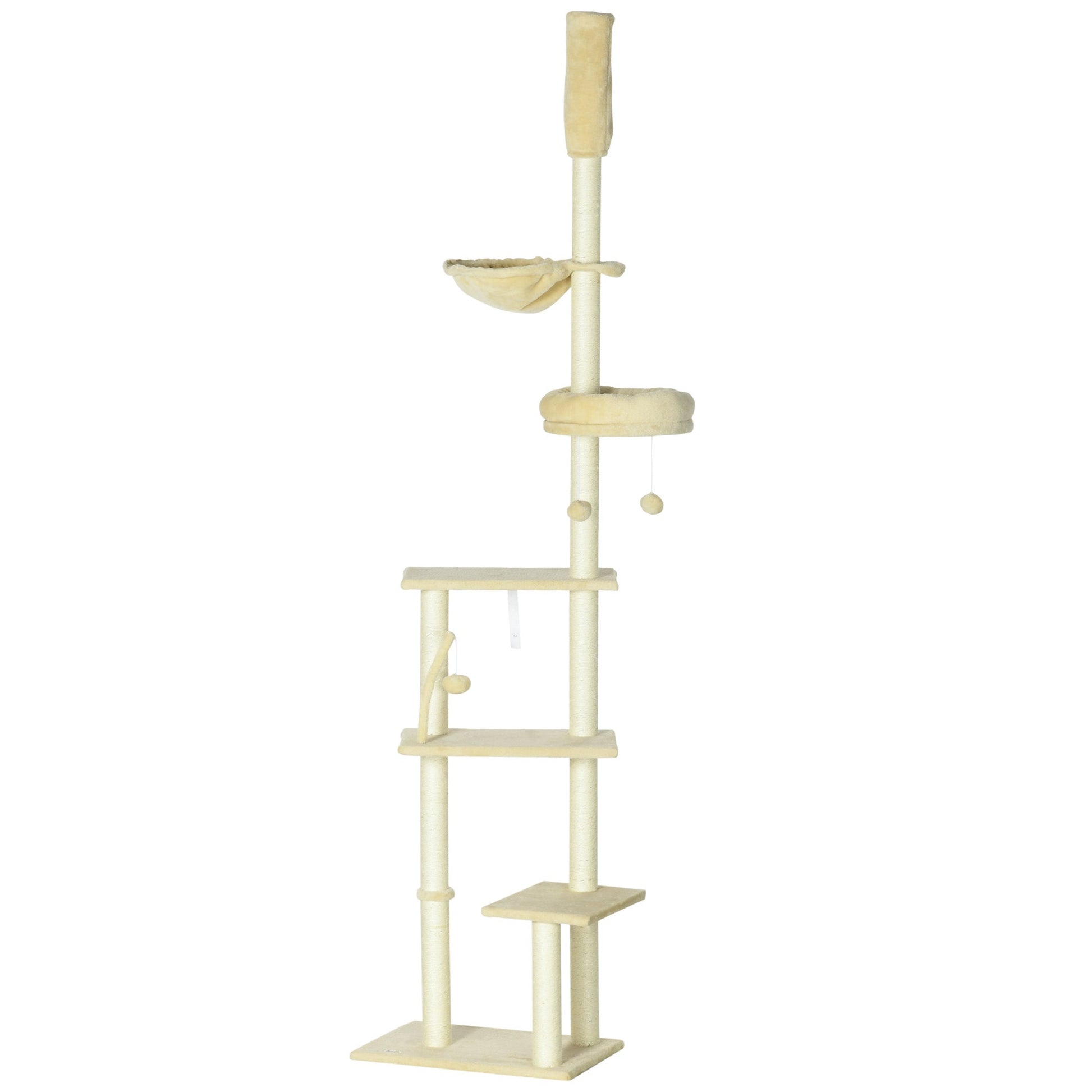 Floor to Ceiling Cat Tree for Indoor Cats, 6-Tier Play Tower Climbing Activity Center with Scratching Post, Platforms, Bed, Hammock, Adjustable Height 230-250cm, Beige