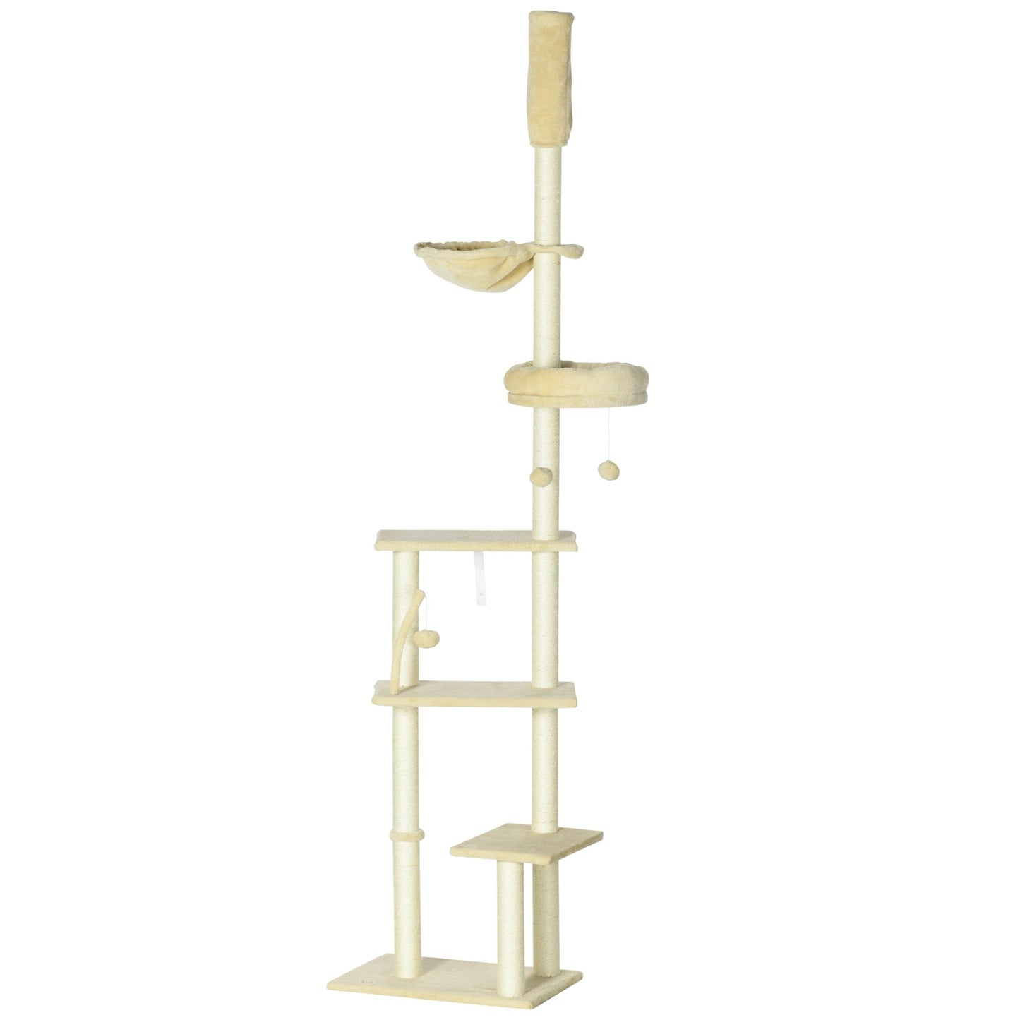 Floor to Ceiling Cat Tree for Indoor Cats, 6-Tier Play Tower Climbing Activity Center with Scratching Post, Platforms, Bed, Hammock, Adjustable Height 230-250cm, Beige