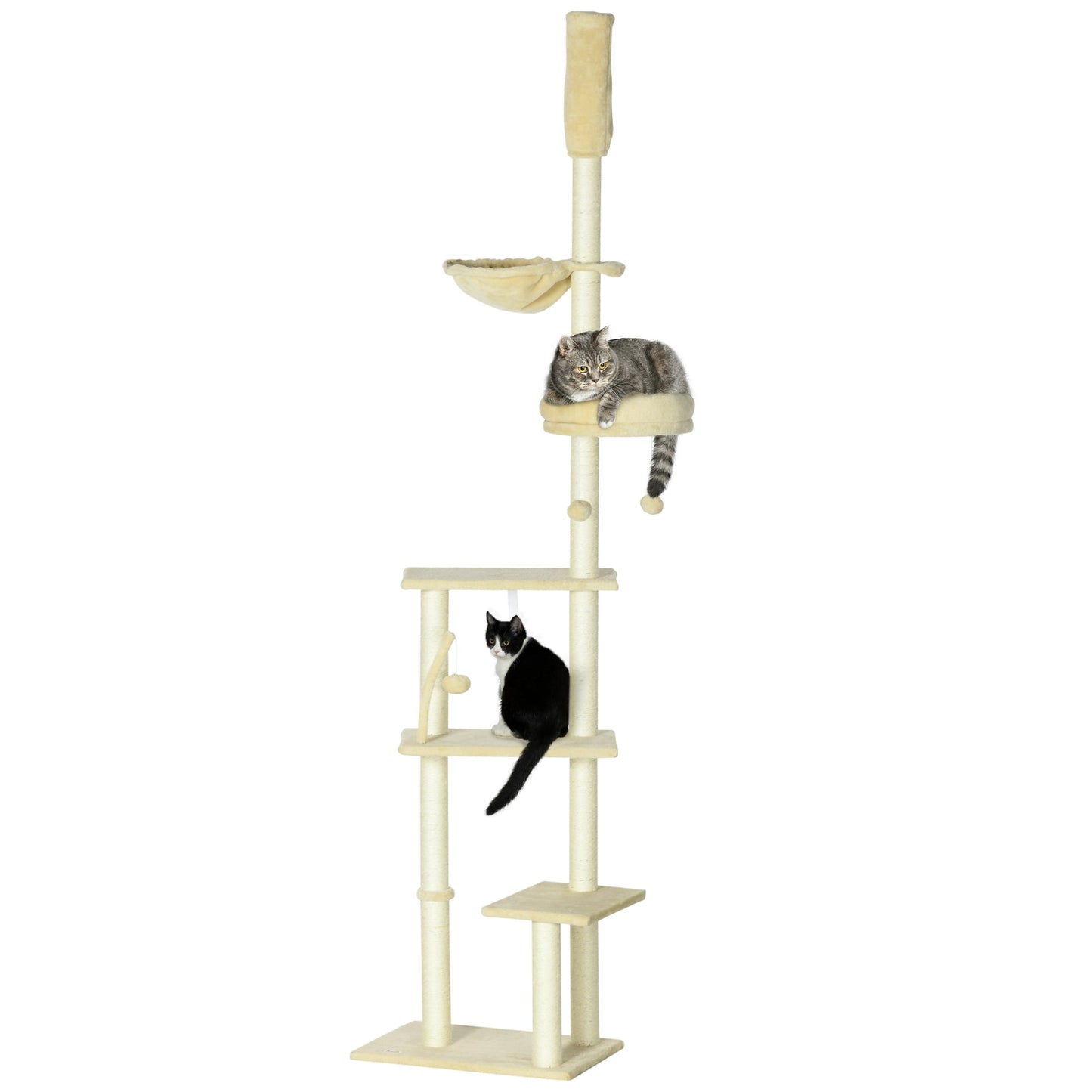 Floor to Ceiling Cat Tree for Indoor Cats, 6-Tier Play Tower Climbing Activity Center with Scratching Post, Platforms, Bed, Hammock, Adjustable Height 230-250cm, Beige