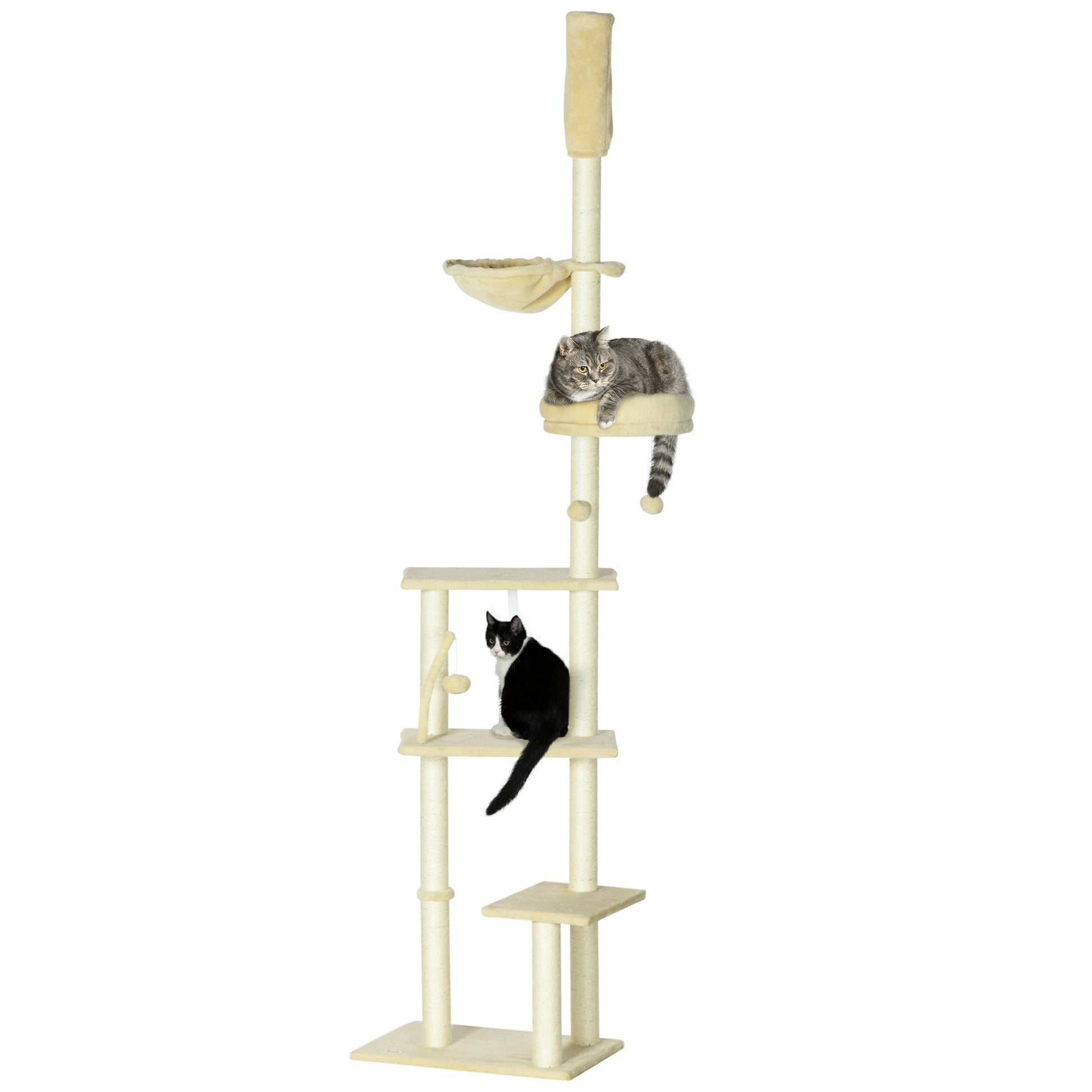 Floor to Ceiling Cat Tree for Indoor Cats, 6-Tier Play Tower Climbing Activity Center with Scratching Post, Platforms, Bed, Hammock, Adjustable Height 230-250cm, Beige