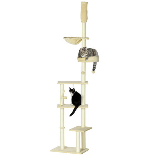 Floor to Ceiling Cat Tree for Indoor Cats, 6-Tier Play Tower Climbing Activity Center with Scratching Post, Platforms, Bed, Hammock, Adjustable Height 230-250cm, Beige