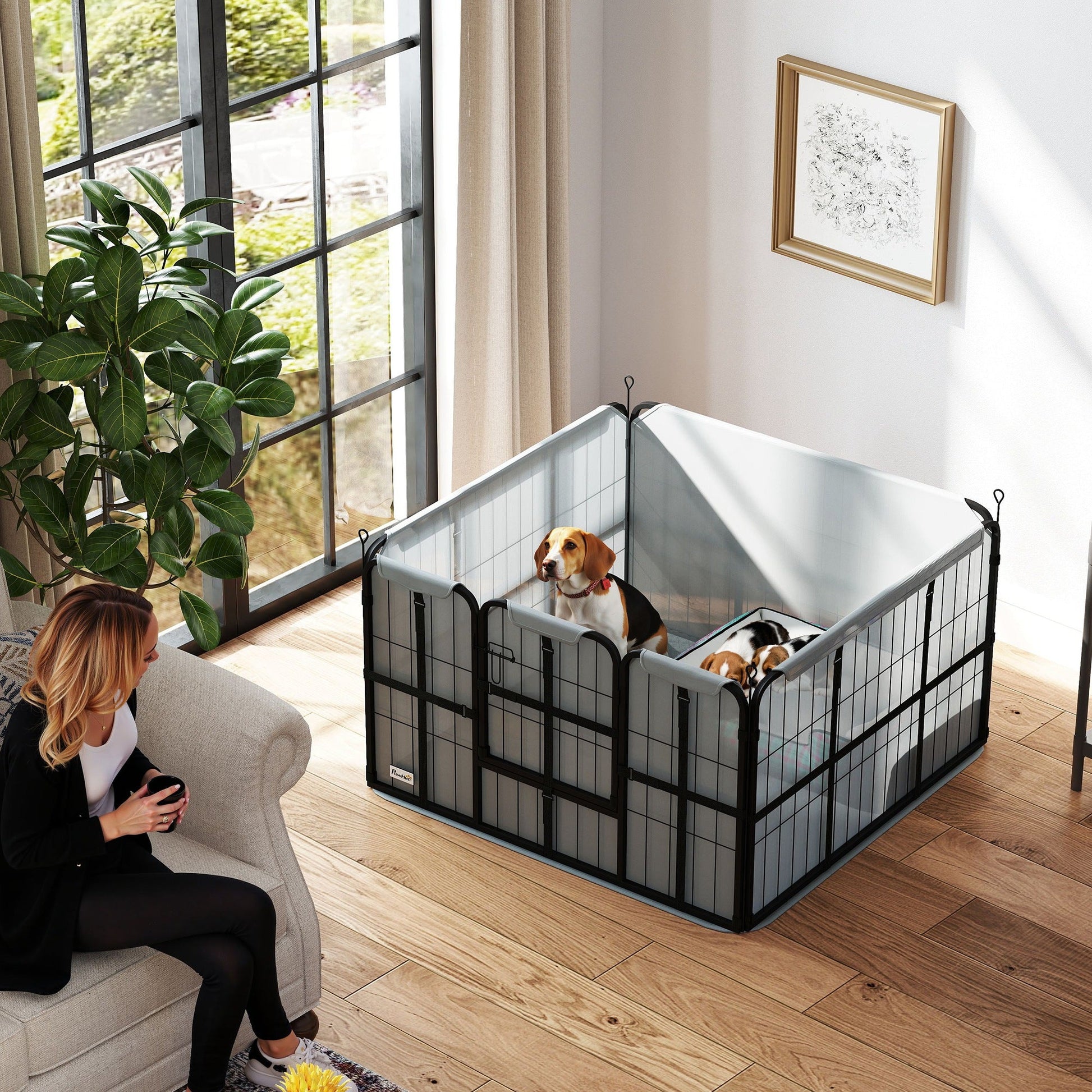 Whelping Box for Dogs and Puppies, 4 Panel Whelping Pen with Washable Whelping Pad, Wind-Resistant Cloth, Lockable Door, Dog Playpen for Indoor, Outdoor, for Small and Medium Breeds