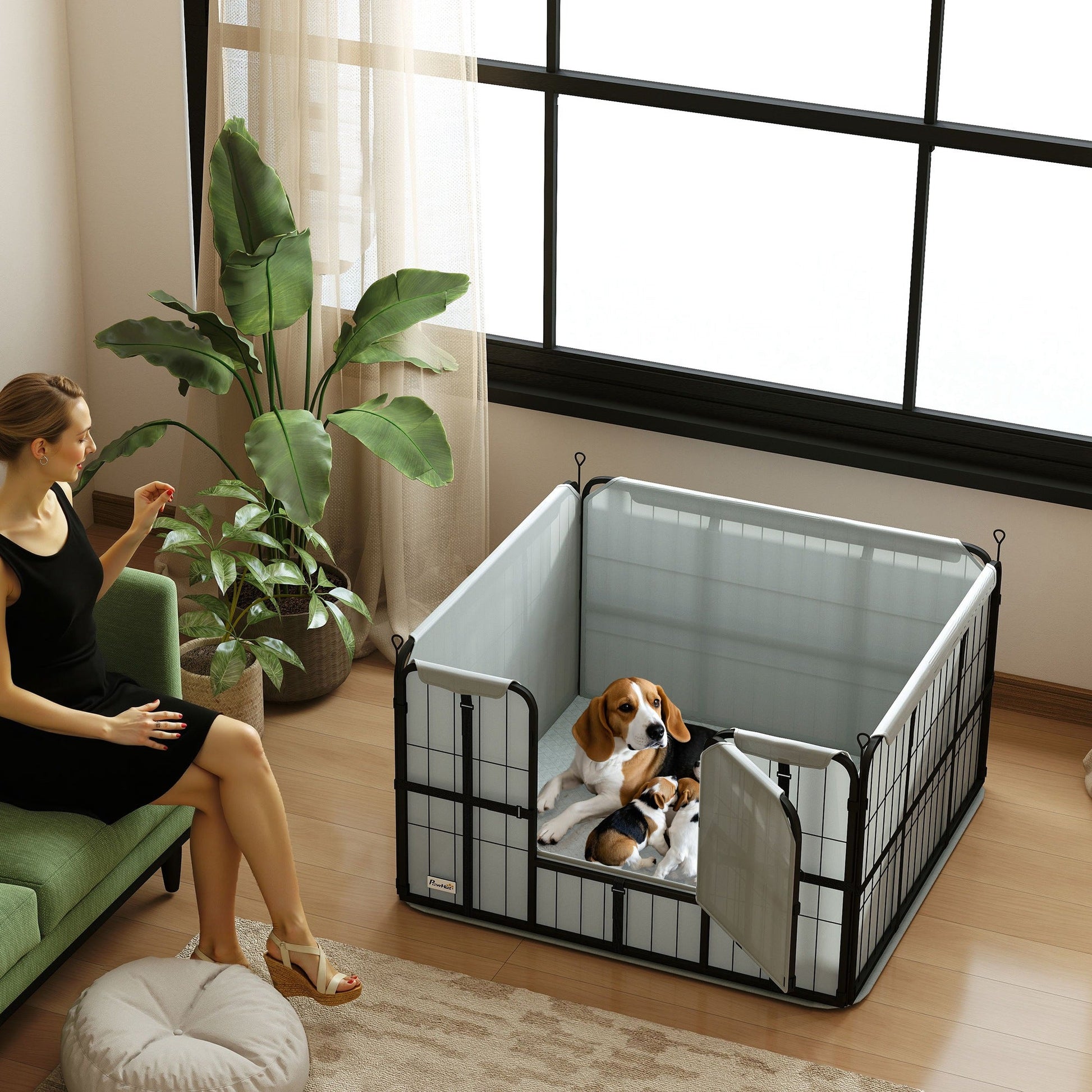 Whelping Box for Dogs and Puppies, 4 Panel Whelping Pen with Washable Whelping Pad, Wind-Resistant Cloth, Lockable Door, Dog Playpen for Indoor, Outdoor, for Small and Medium Breeds