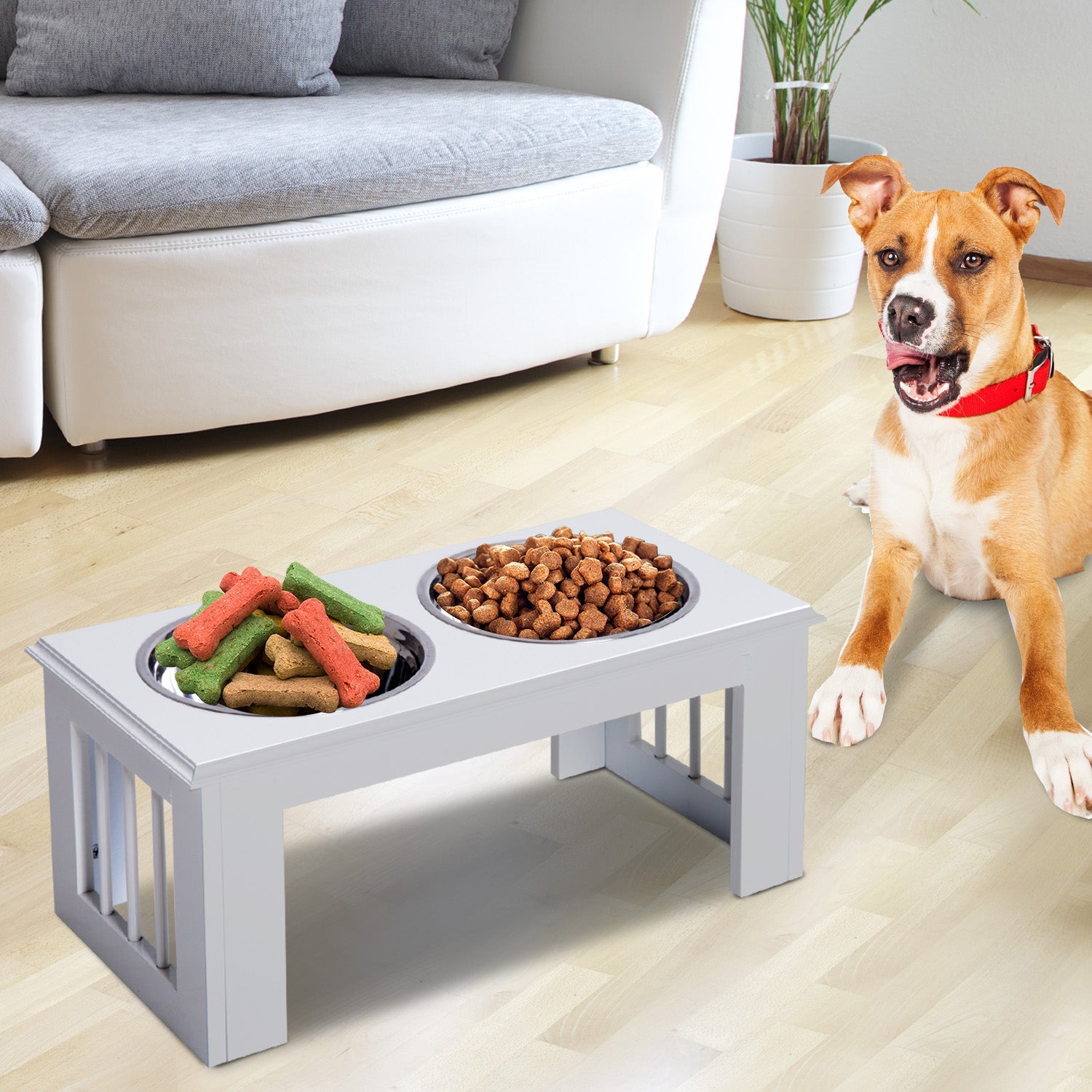 Raised Dog Bowl Feeding Bowls with Stand for Medium Dogs Elevated Pet Bowls Water Food Feeder 58L x 31W x 25H cm - White