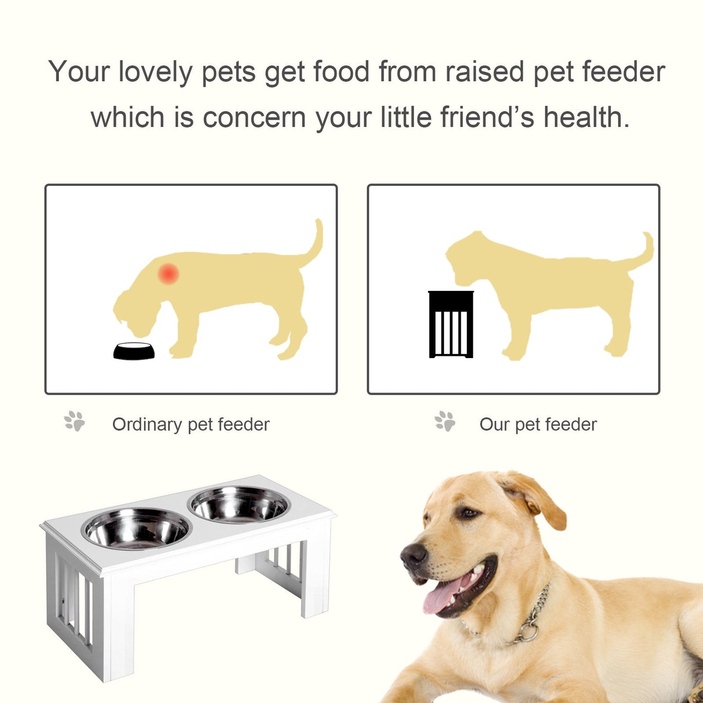 Raised Dog Bowl Feeding Bowls with Stand for Medium Dogs Elevated Pet Bowls Water Food Feeder 58L x 31W x 25H cm - White