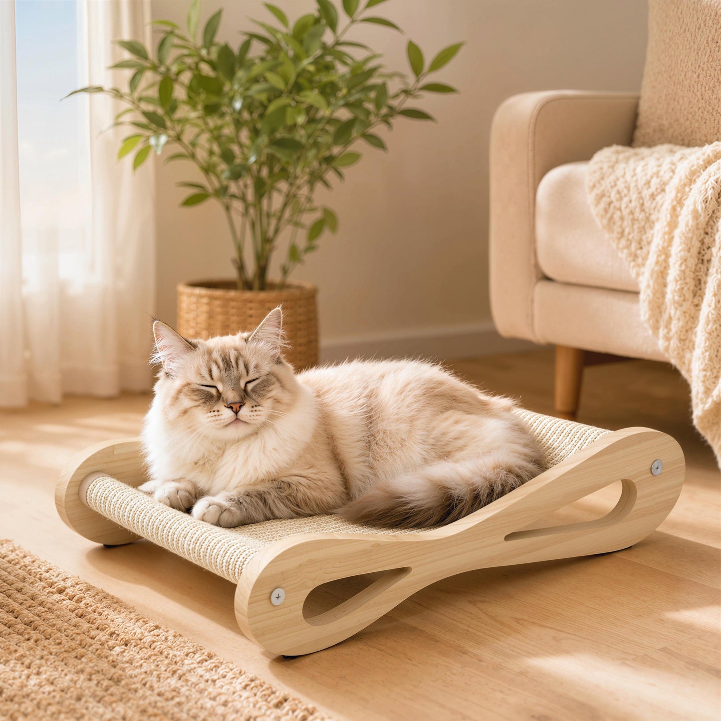 2 in 1 Sisal Cat Scratcher Bed, Pine Wood Cat Scratching Board and Lounger for Indoor Pets, Anti-Slip Pet Furniture, 60 x 35 x 13 cm, Cream White