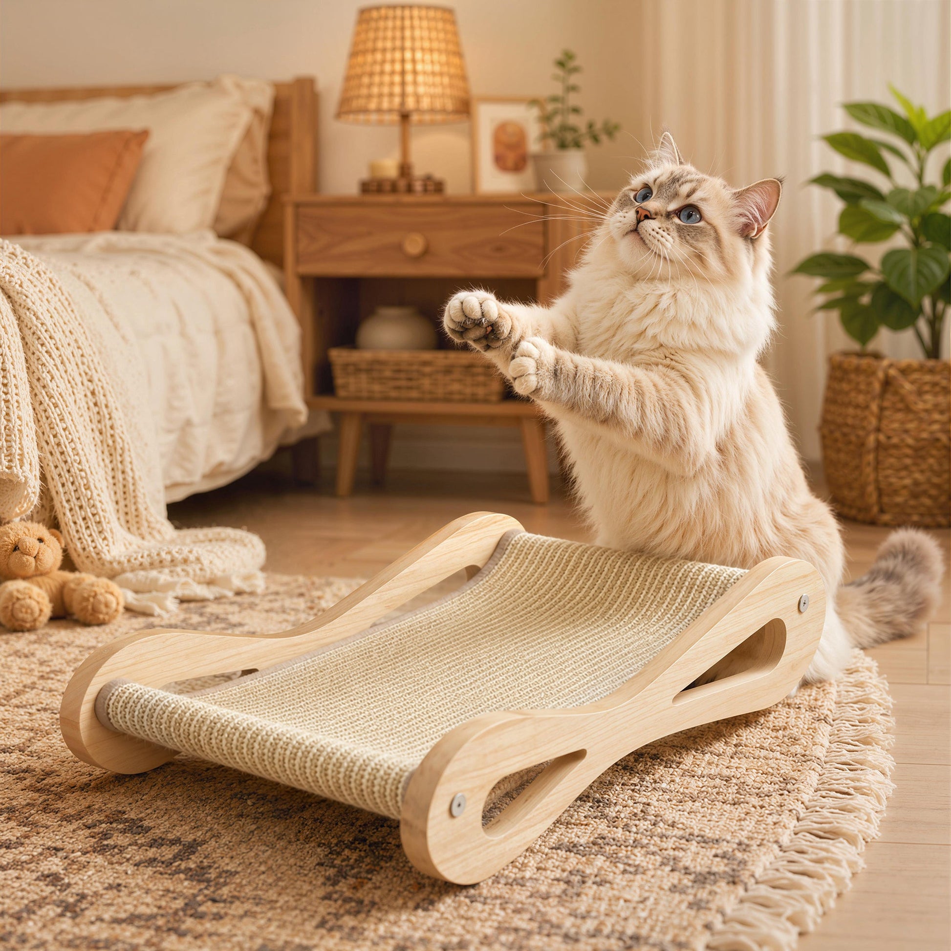 2 in 1 Sisal Cat Scratcher Bed, Pine Wood Cat Scratching Board and Lounger for Indoor Pets, Anti-Slip Pet Furniture, 60 x 35 x 13 cm, Cream White