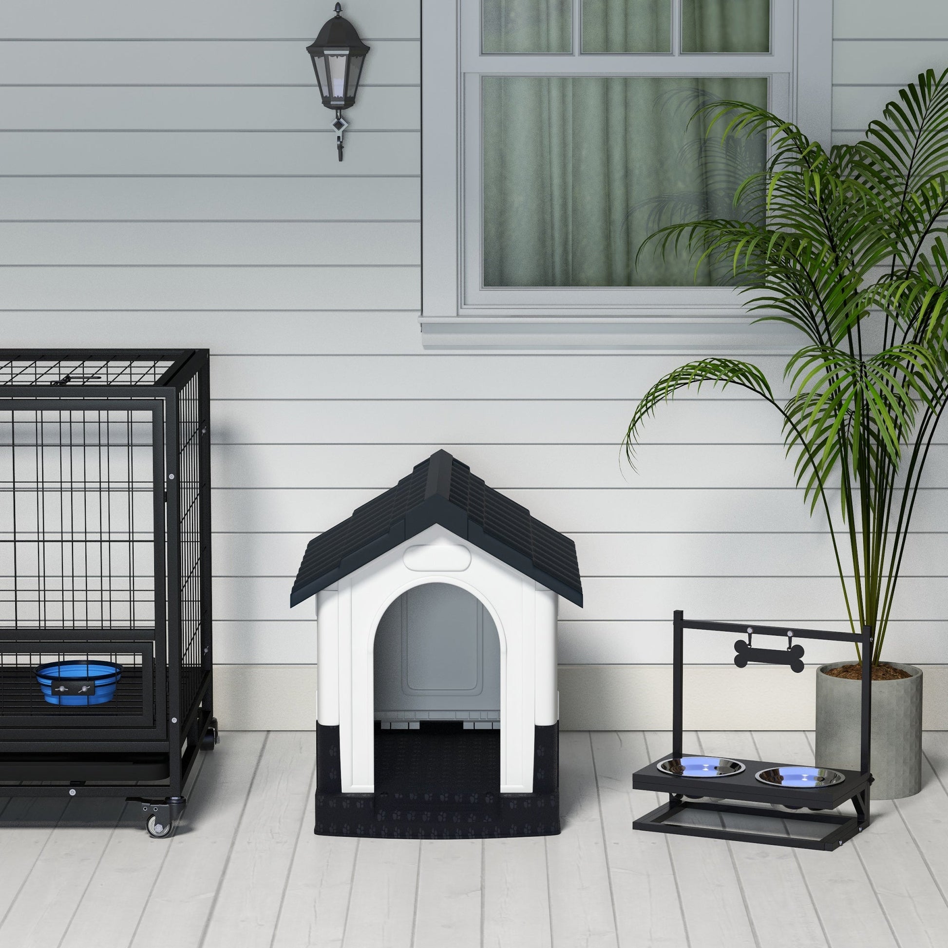 Dog Kennel for Outside, Plastic Dog House, Water-Resistant Pet Shelter with Windows, for Garden Patio, Miniature Dogs, 64.5 x 57 x 66cm - Grey