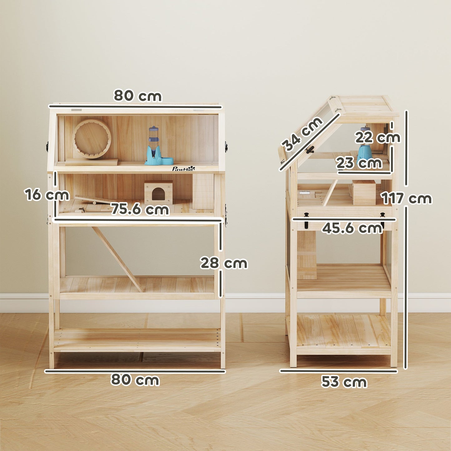 Wooden Hamster Cage, 3 Tier Small Animal Cage with Detachable Lower Floor, Storage Shelf, Hut, Seesaw, Exercise Wheel, Ramps, Hamster Habitat for Dwarf, Gerbil, 80L x 53W x 117H cm, Natural