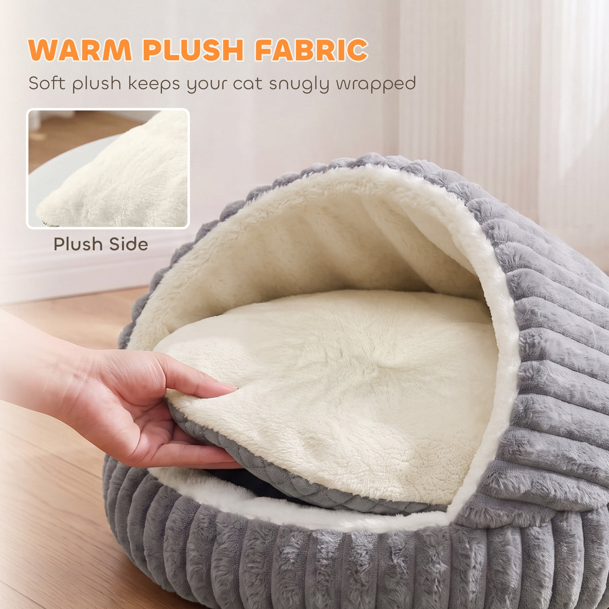 Cat Bed for Indoor Kittens, Cat Cave House with Non-Slip Bottom and Washable Cushion, Soft Pet Bed for Indoor Warmth & Comfort, 50 x 50 x 32 cm, Grey