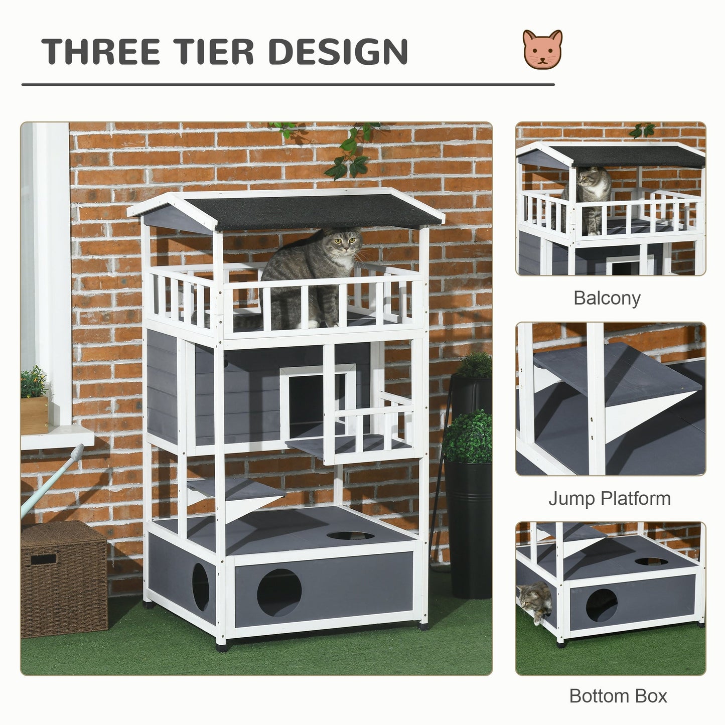 Wooden Outdoor Cat House 3-Tier for Winter Kitten Shelter Lodge w/ Tilted Roof Terrace Jump Step Bottom Tray Elevated Base Waterproof Paint Grey