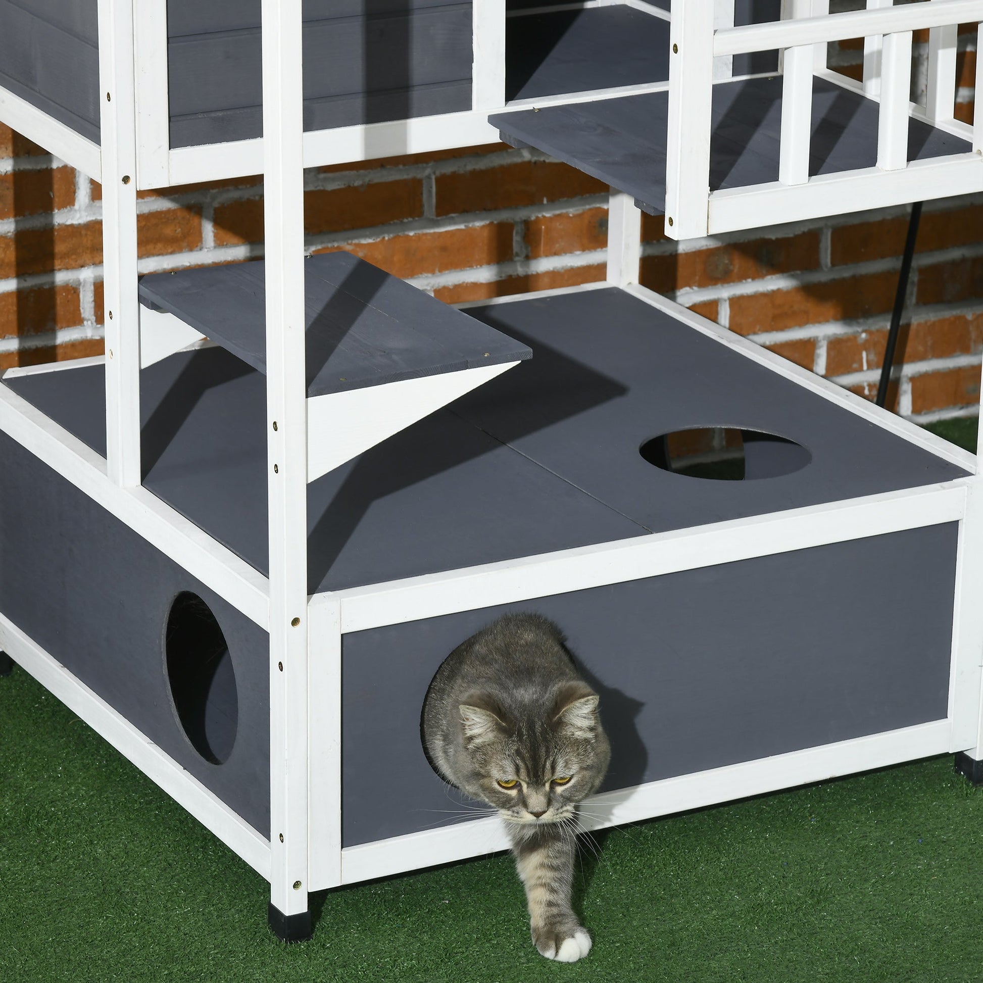 Wooden Outdoor Cat House 3-Tier for Winter Kitten Shelter Lodge w/ Tilted Roof Terrace Jump Step Bottom Tray Elevated Base Waterproof Paint Grey