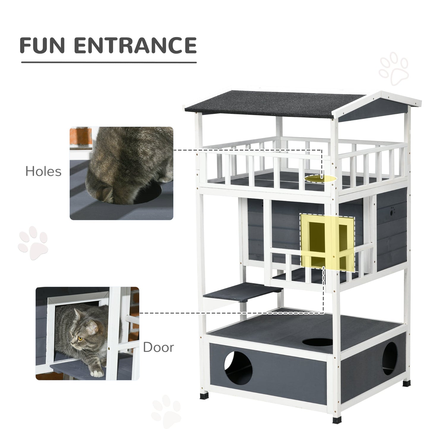 Wooden Outdoor Cat House 3-Tier for Winter Kitten Shelter Lodge w/ Tilted Roof Terrace Jump Step Bottom Tray Elevated Base Waterproof Paint Grey