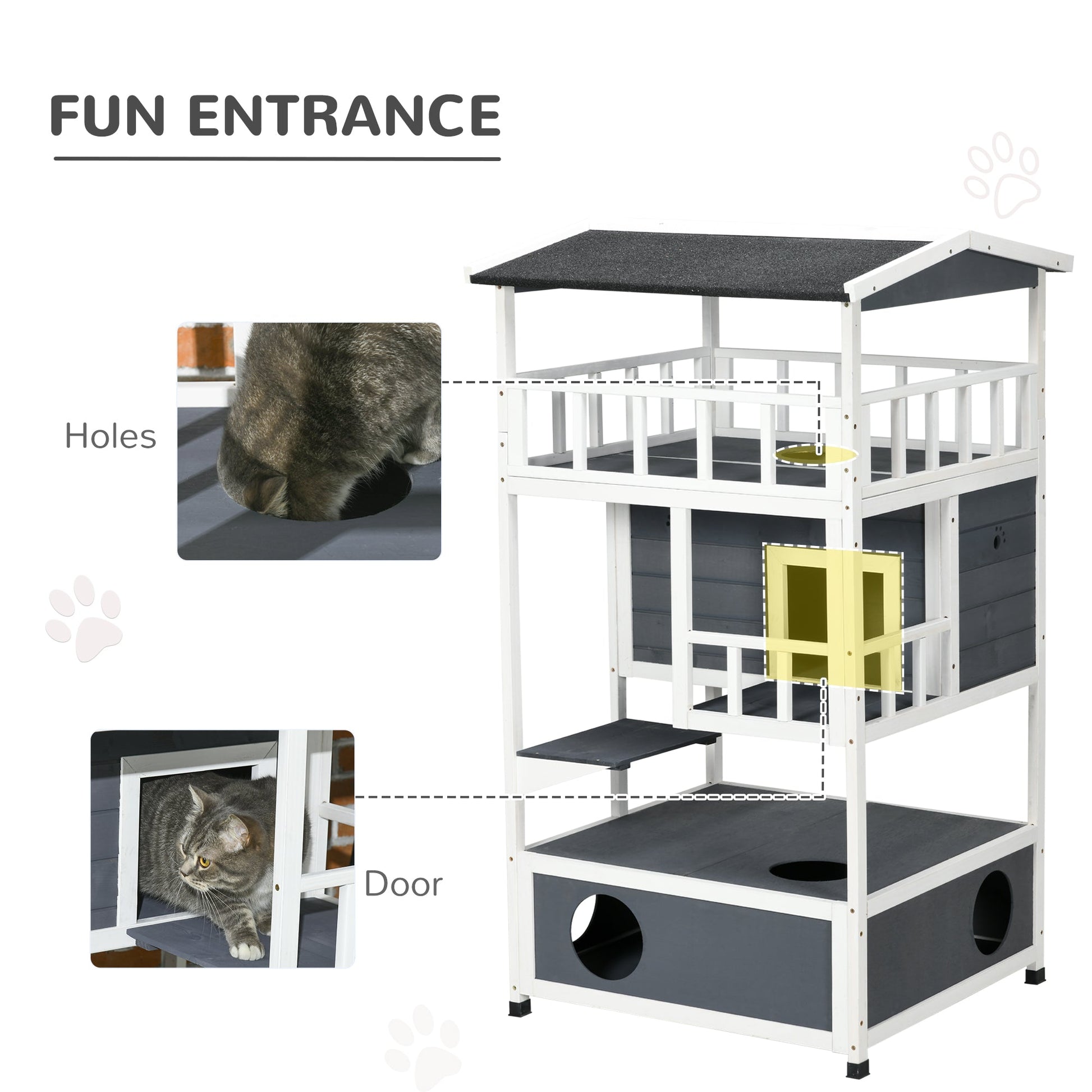Wooden Outdoor Cat House 3-Tier for Winter Kitten Shelter Lodge w/ Tilted Roof Terrace Jump Step Bottom Tray Elevated Base Waterproof Paint Grey