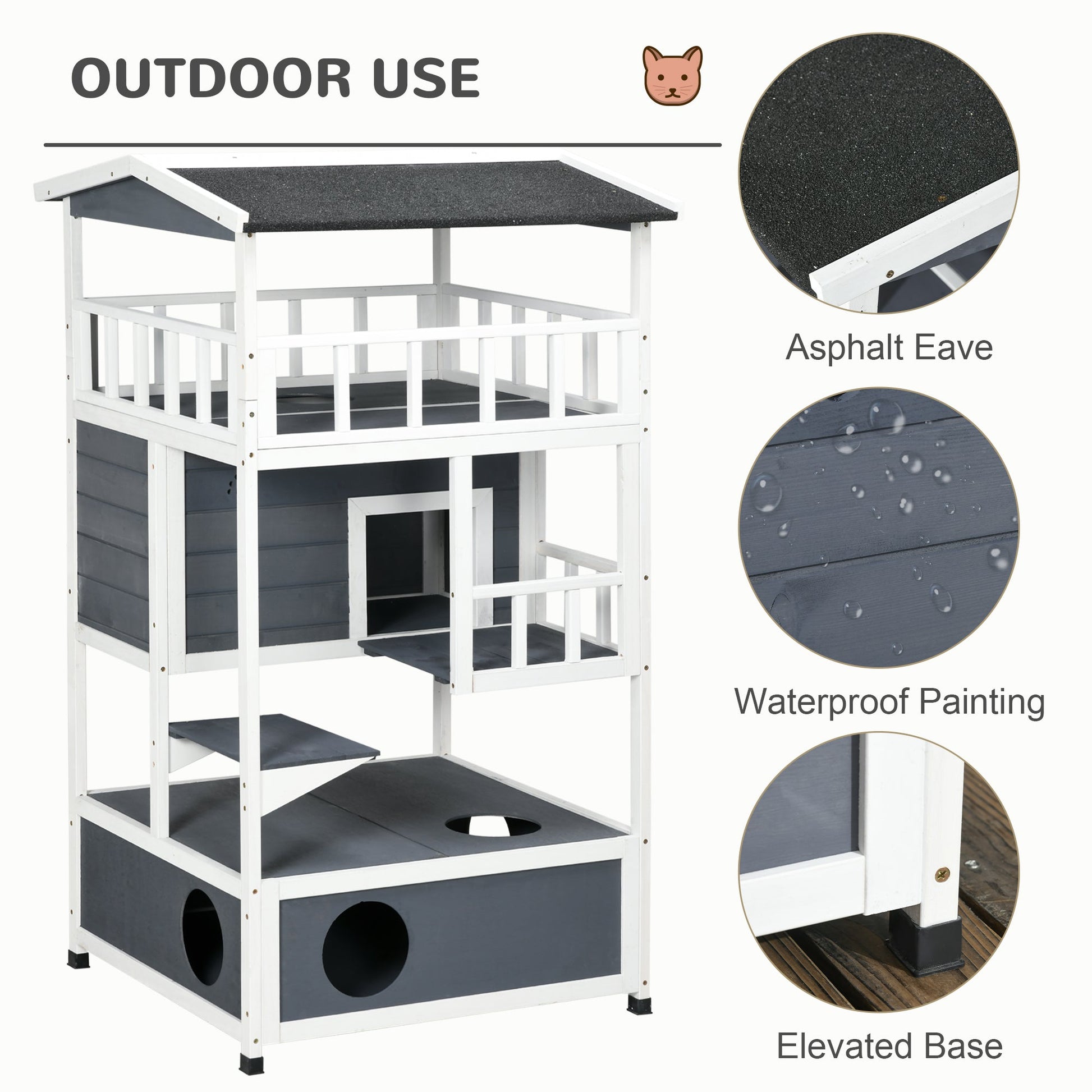 Wooden Outdoor Cat House 3-Tier for Winter Kitten Shelter Lodge w/ Tilted Roof Terrace Jump Step Bottom Tray Elevated Base Waterproof Paint Grey