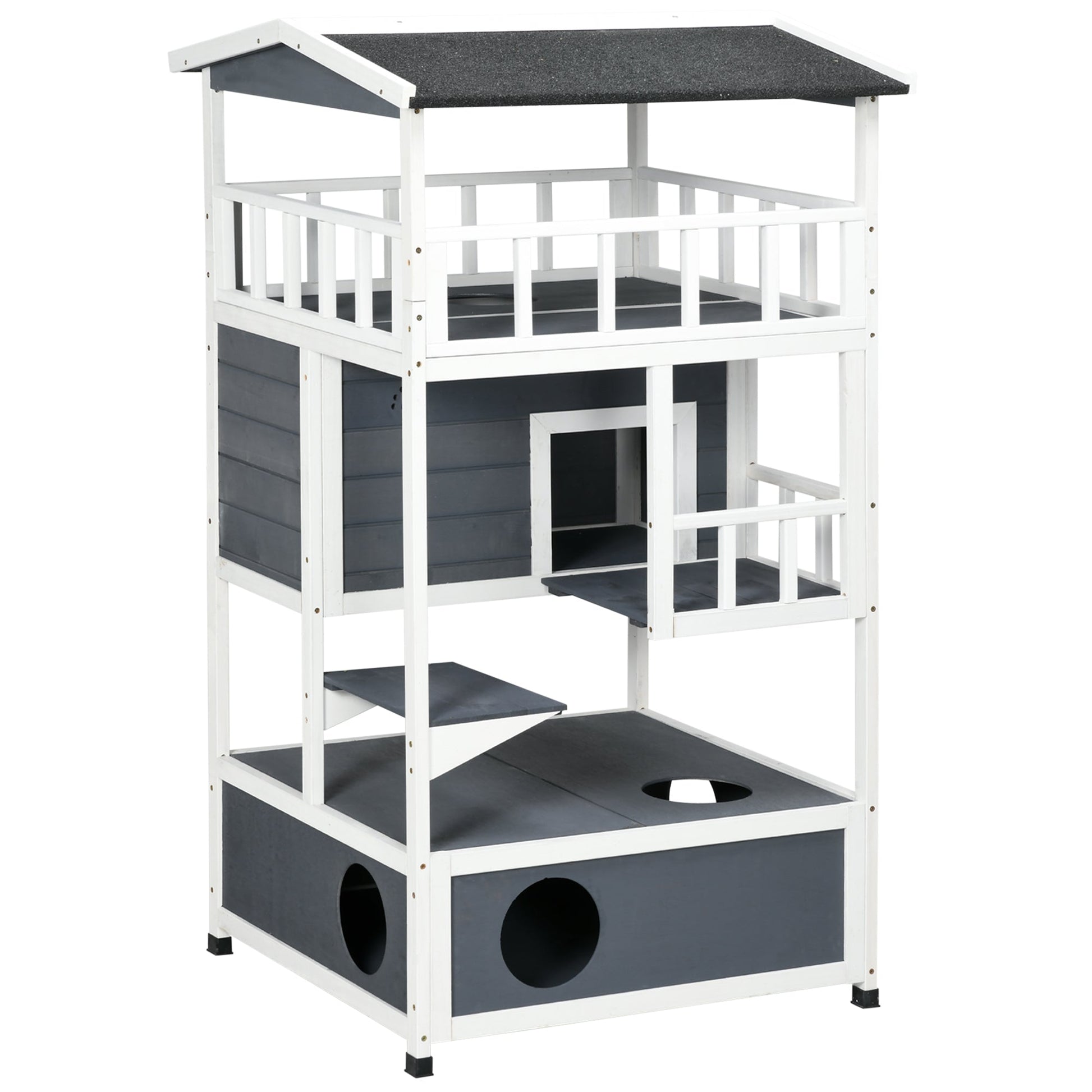 Wooden Outdoor Cat House 3-Tier for Winter Kitten Shelter Lodge w/ Tilted Roof Terrace Jump Step Bottom Tray Elevated Base Waterproof Paint Grey