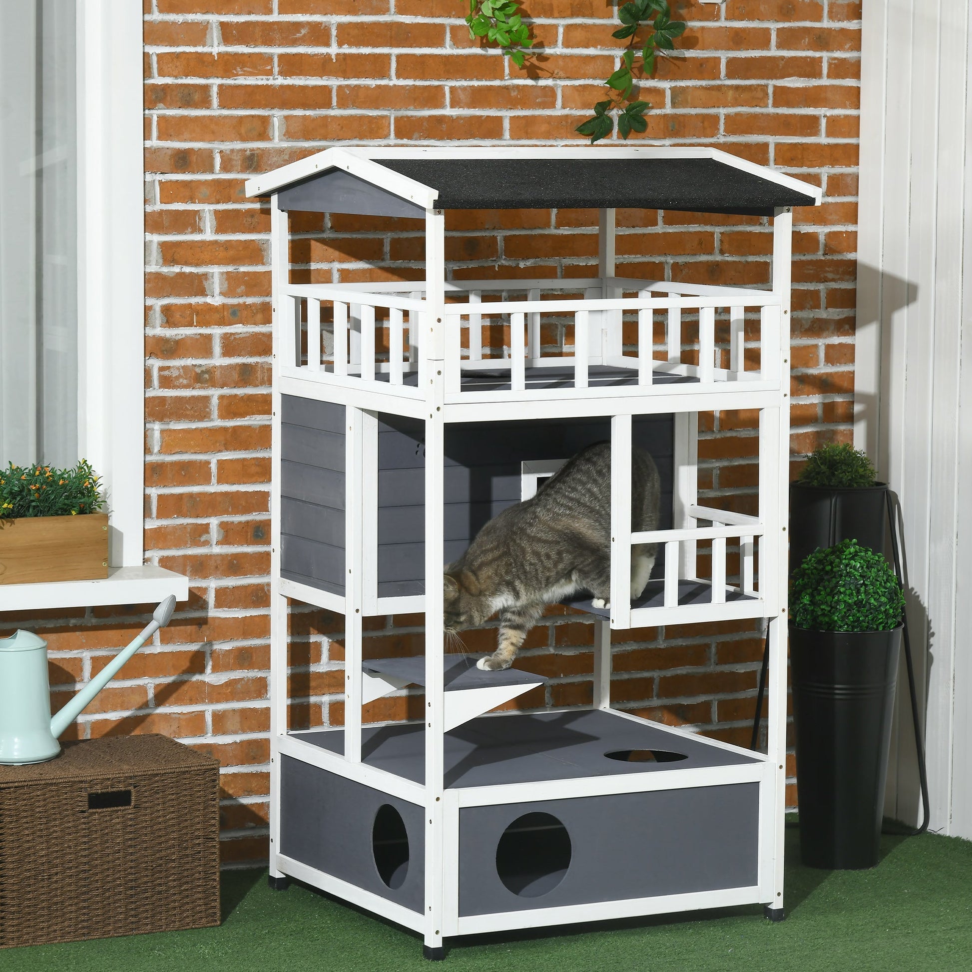 Wooden Outdoor Cat House 3-Tier for Winter Kitten Shelter Lodge w/ Tilted Roof Terrace Jump Step Bottom Tray Elevated Base Waterproof Paint Grey