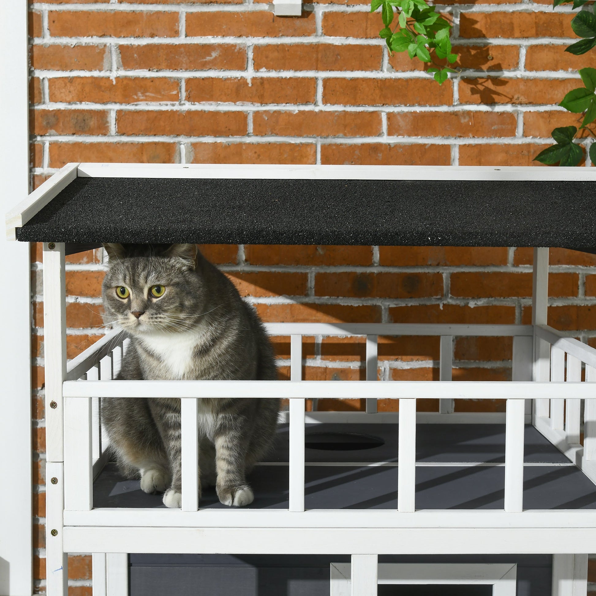 Wooden Outdoor Cat House 3-Tier for Winter Kitten Shelter Lodge w/ Tilted Roof Terrace Jump Step Bottom Tray Elevated Base Waterproof Paint Grey