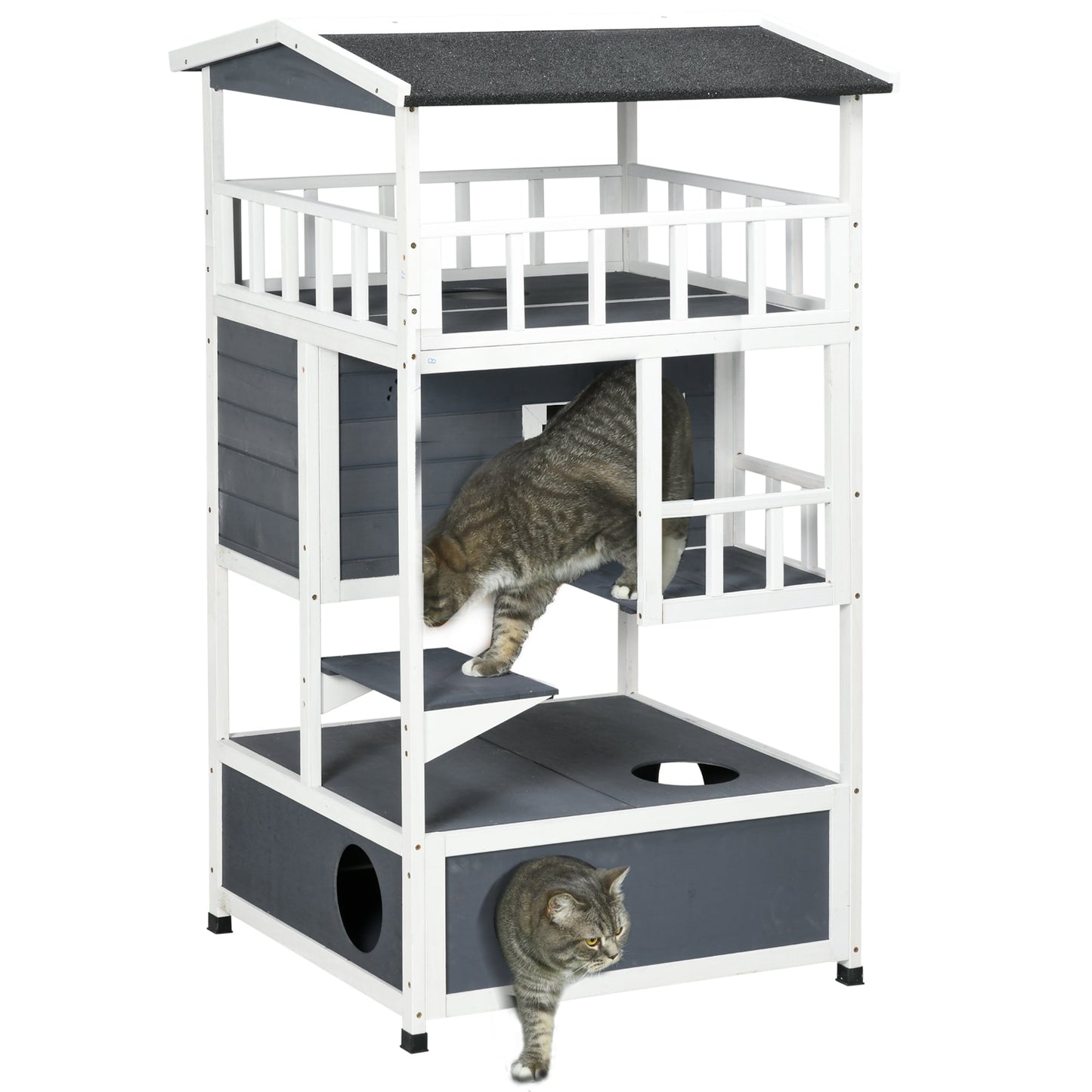 Wooden Outdoor Cat House 3-Tier for Winter Kitten Shelter Lodge w/ Tilted Roof Terrace Jump Step Bottom Tray Elevated Base Waterproof Paint Grey