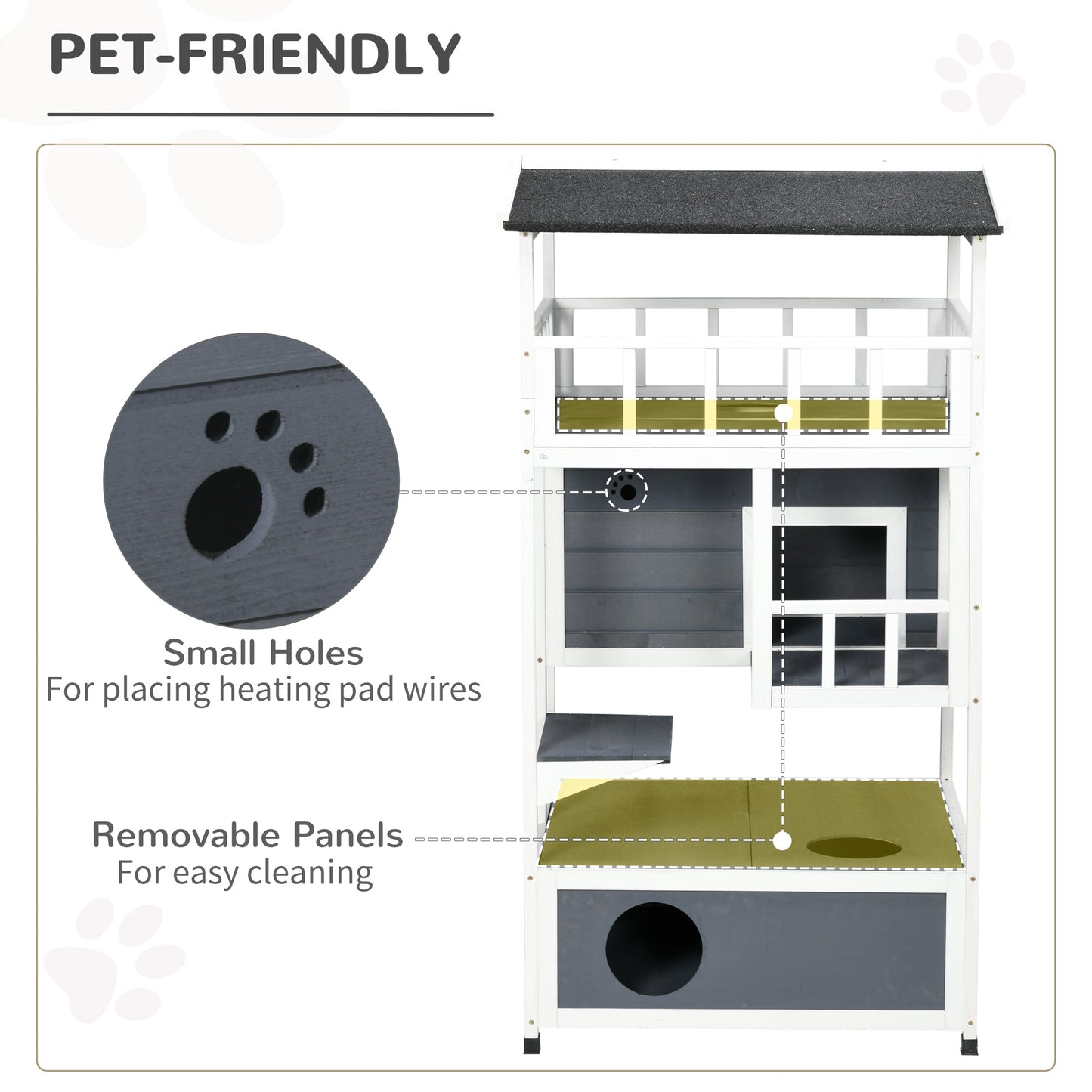 Wooden Outdoor Cat House 3-Tier for Winter Kitten Shelter Lodge w/ Tilted Roof Terrace Jump Step Bottom Tray Elevated Base Waterproof Paint Grey