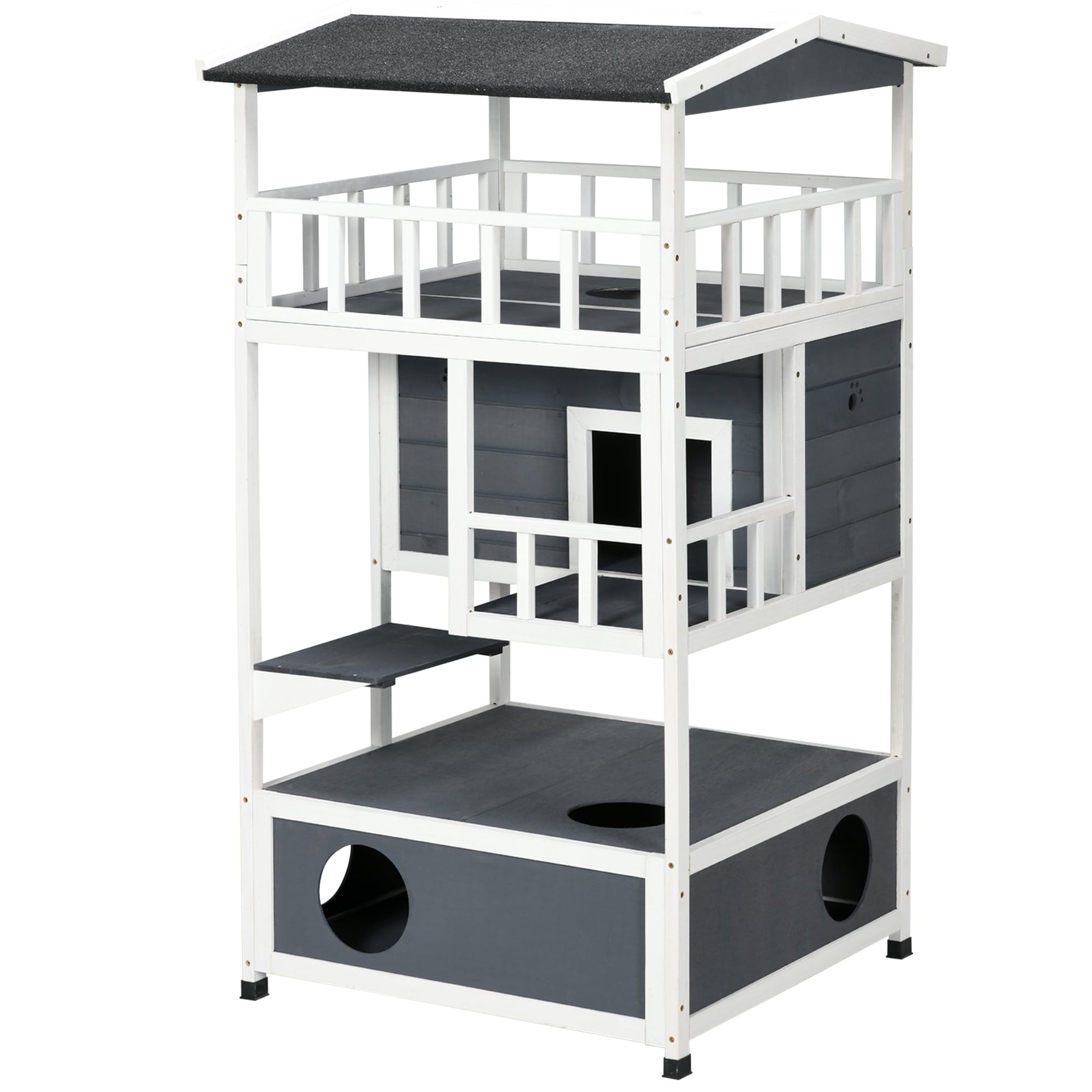 Wooden Outdoor Cat House 3-Tier for Winter Kitten Shelter Lodge w/ Tilted Roof Terrace Jump Step Bottom Tray Elevated Base Waterproof Paint Grey
