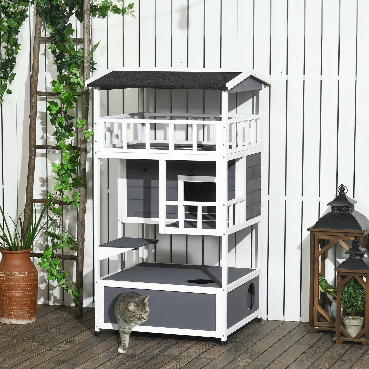 Wooden Outdoor Cat House 3-Tier for Winter Kitten Shelter Lodge w/ Tilted Roof Terrace Jump Step Bottom Tray Elevated Base Waterproof Paint Grey