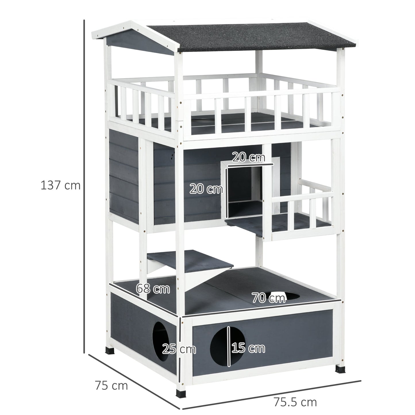 Wooden Outdoor Cat House 3-Tier for Winter Kitten Shelter Lodge w/ Tilted Roof Terrace Jump Step Bottom Tray Elevated Base Waterproof Paint Grey